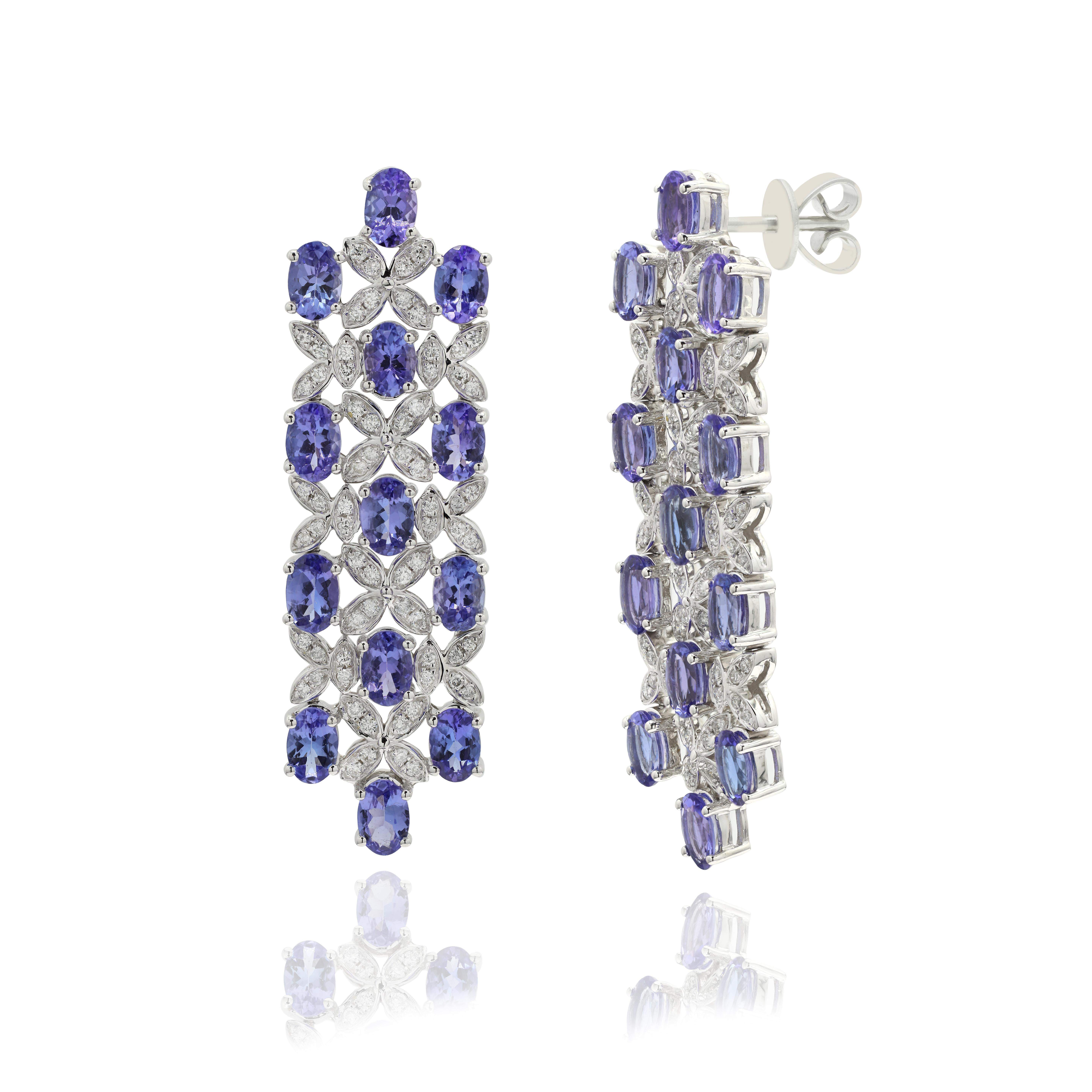 Modern Eleanor 12.09 Ct Tanzanite Dangle Earrings with Diamonds in 14K White Gold For Sale