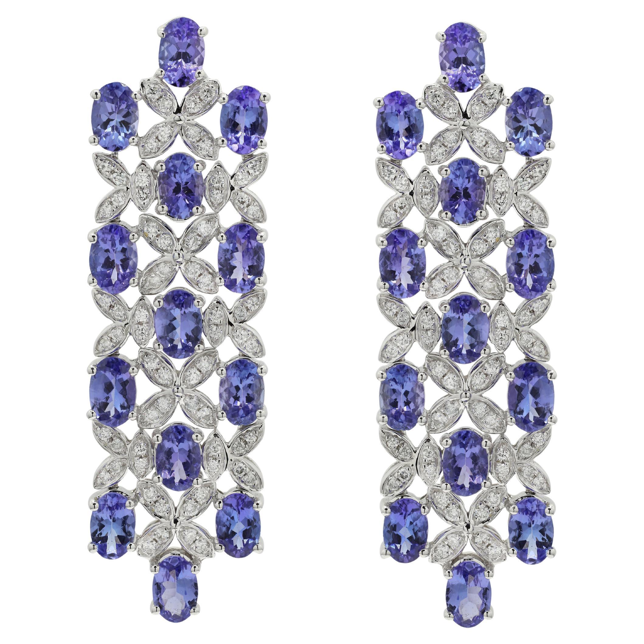 Eleanor 12.09 Ct Tanzanite Dangle Earrings with Diamonds in 14K White Gold For Sale