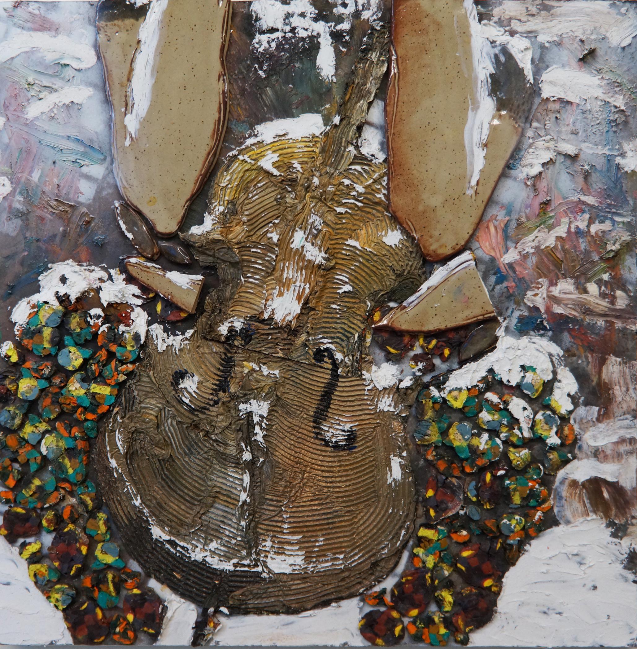 CELLO IN THE SNOW - oil, enamel, glazed ceramic and canvas on panel, textural