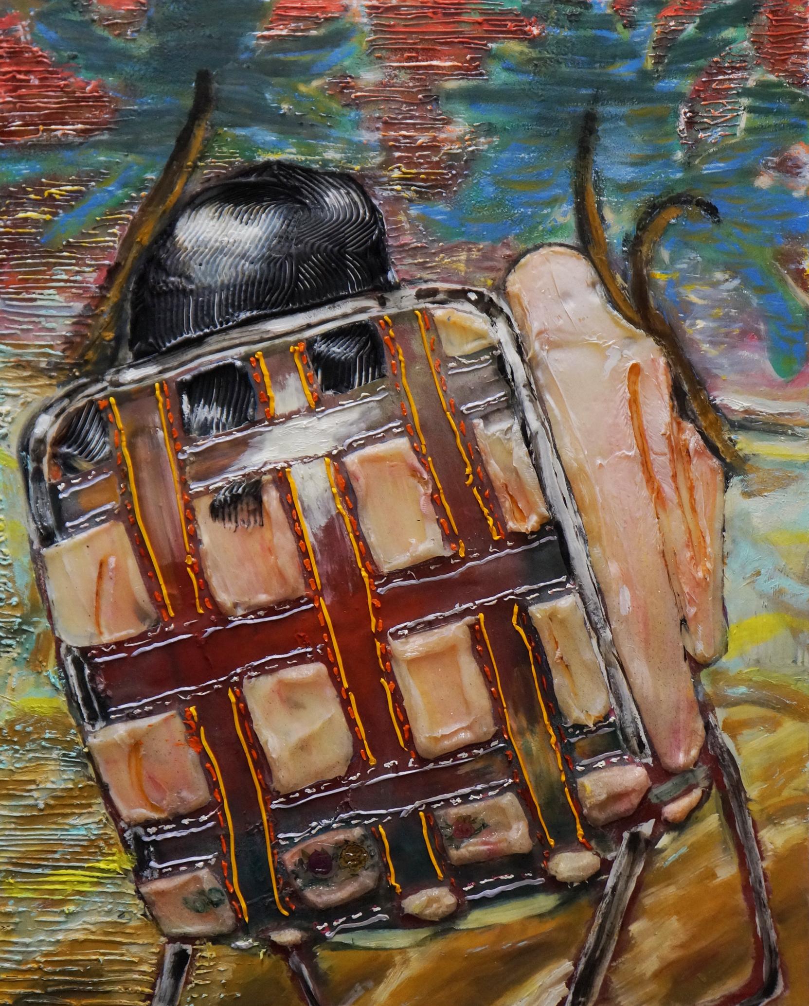 LAWN CHAIR ON THE BEACH - Textural Figure Painting with oil, enamel and silicone