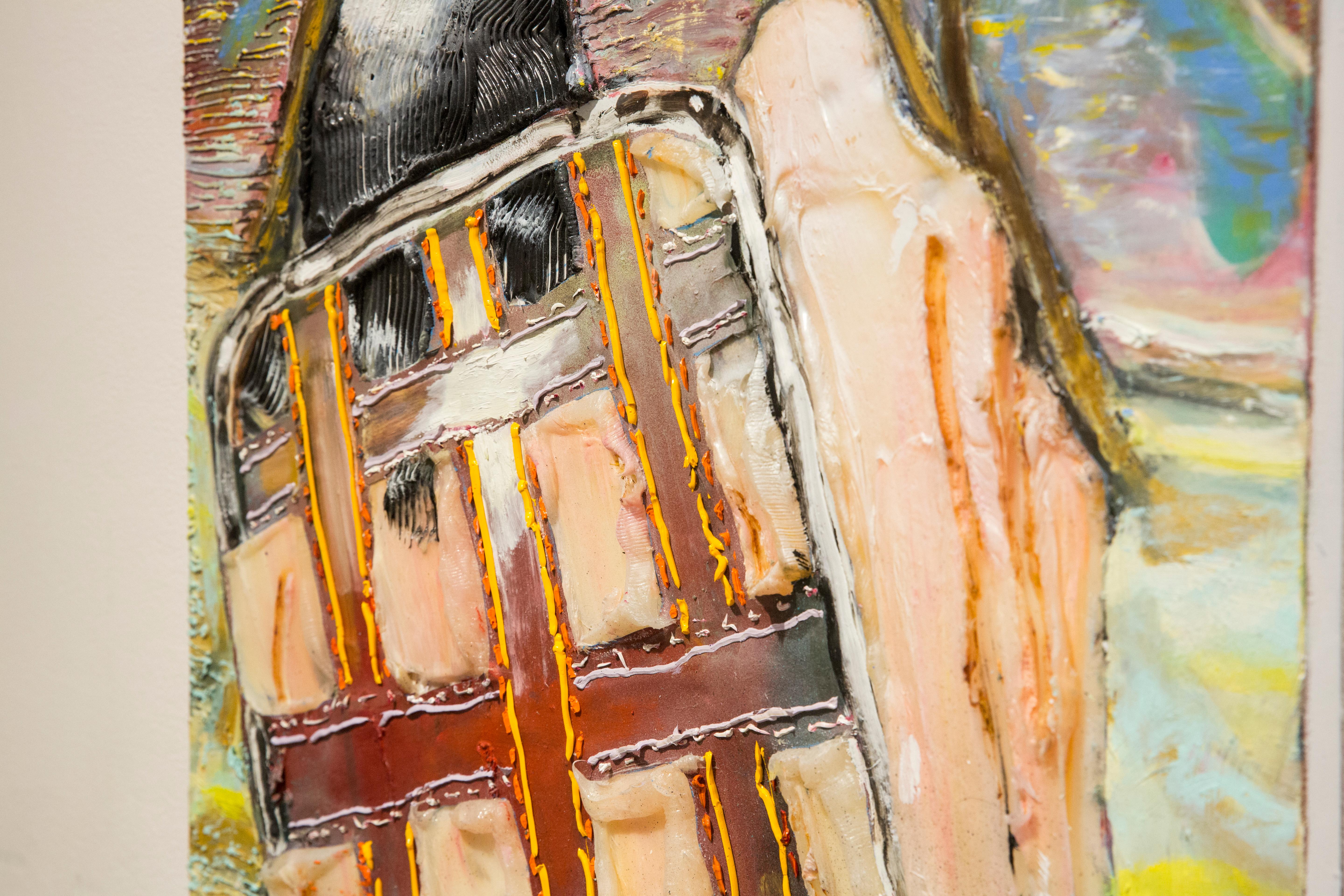 LAWN CHAIR ON THE BEACH - Textural Figure Painting with oil, enamel and silicone - Contemporary Mixed Media Art by Eleanor Aldrich