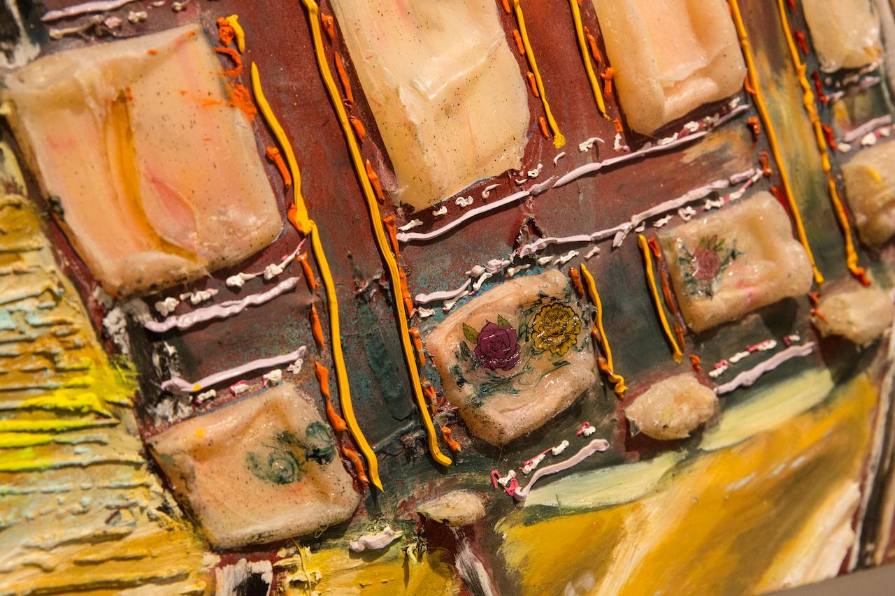 In the series of paintings titled “That Feeling When,” Aldrich expands the excess of materials to large figure paintings and small, overfilled sculptures. Aldrich uses thick materials that protrude from the surface, reminding the viewer that the