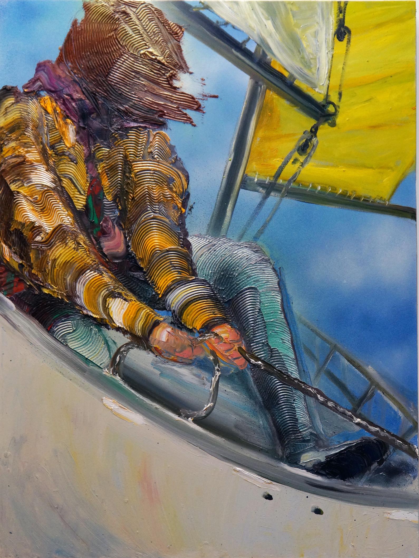 ON THE BOAT - Peinture figurative texturée d'une figure sur un voilier - huile et émail