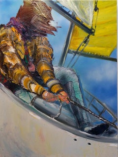 EN EL BARCO - Pintura figurativa con textura de Figura en velero- óleo y esmalte