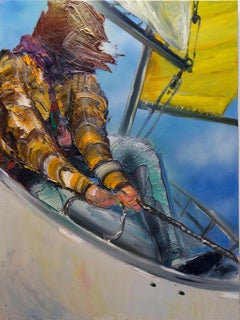 ON THE BOAT - Peinture figurative texturée d'une figure sur un voilier - huile et émail