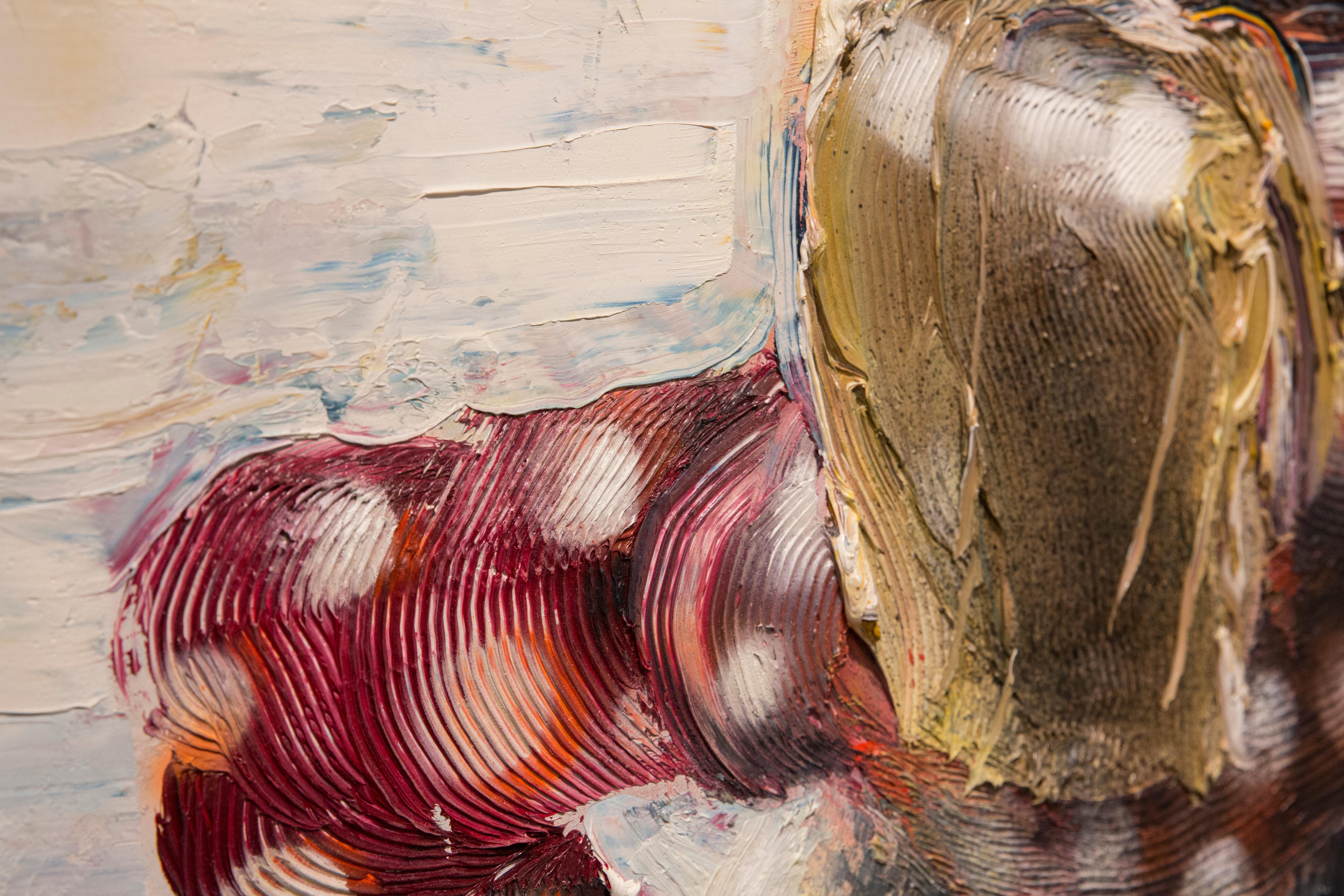 Peinture figurative texturée « ON THE ICE », huile et émail sur toile rouge, pois - Painting de Eleanor Aldrich