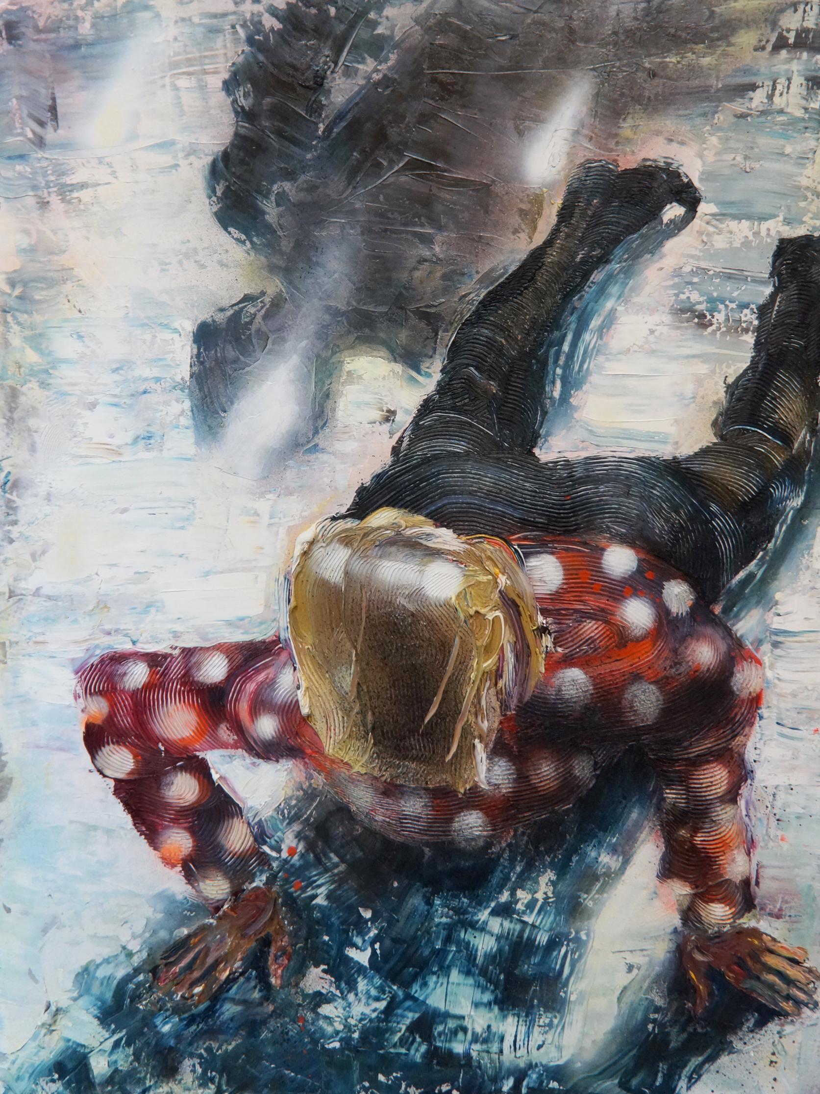 Eleanor Aldrich Figurative Painting - ON THE ICE - Textural figure painting - Oil and Enamel on Canvas Red, Polka-Dot