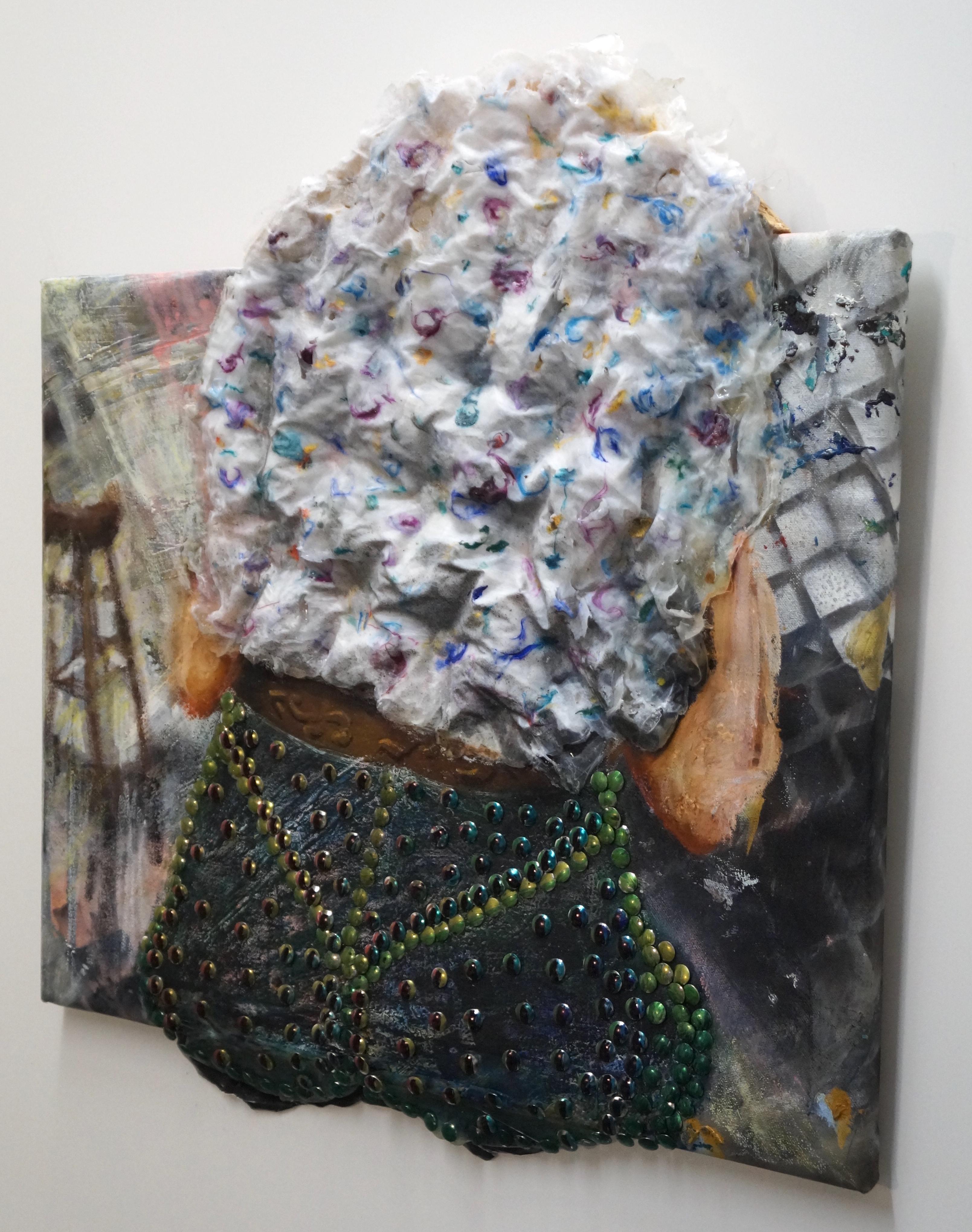 In “Snake Eyes”, Eleanor Aldrich uses oil, silicone, enamel, thumbtacks, and sharpie on canvas to create a visceral exploration into a lounging back.  The mixed-media painting investigates a shirt and jeans through layers of seeping silicone and an