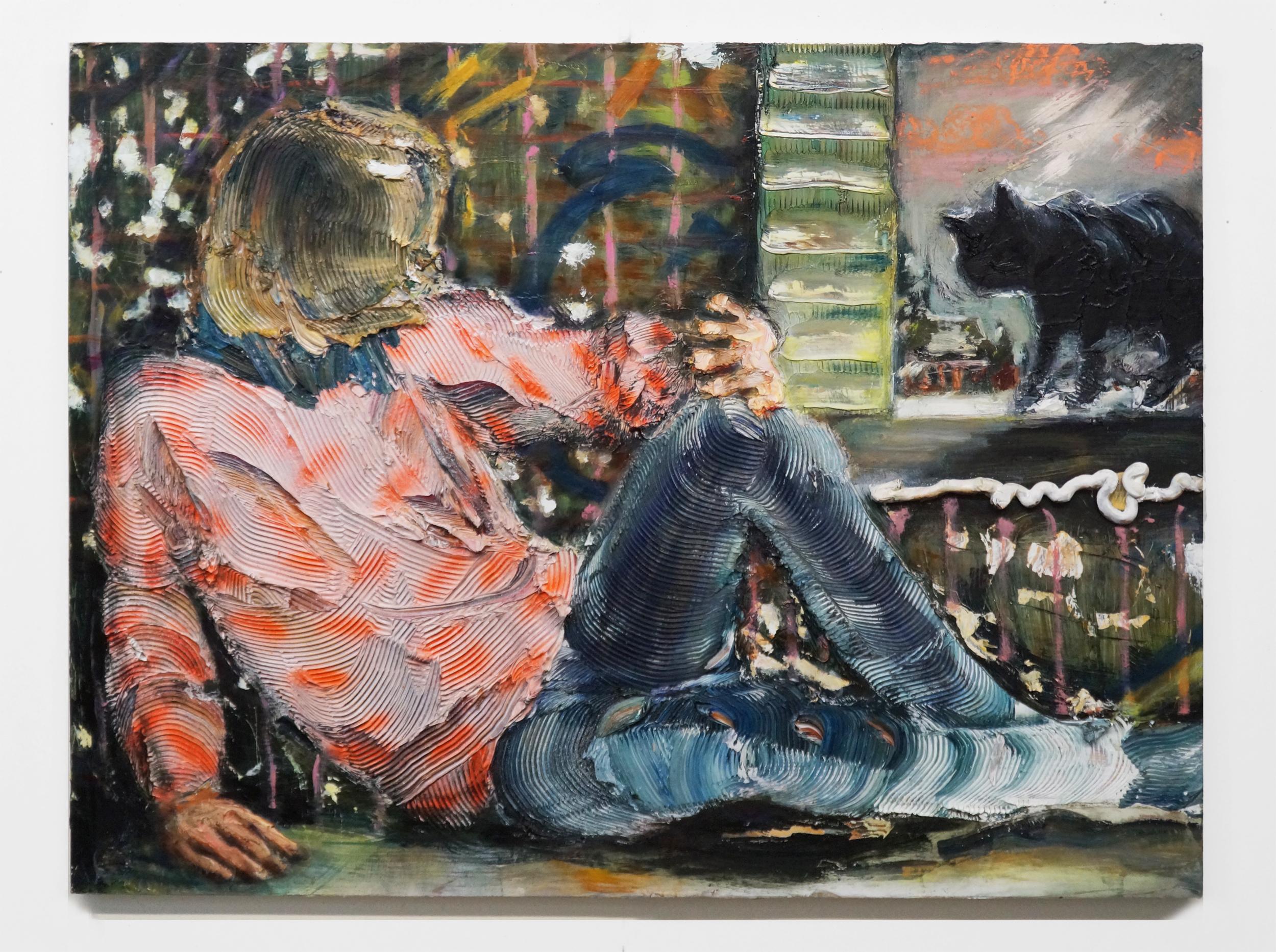 IL GATTO NERO - Quadro figurativo testuale, donna sdraiata con gatto nero - Mixed Media Art Contemporaneo di Eleanor Aldrich