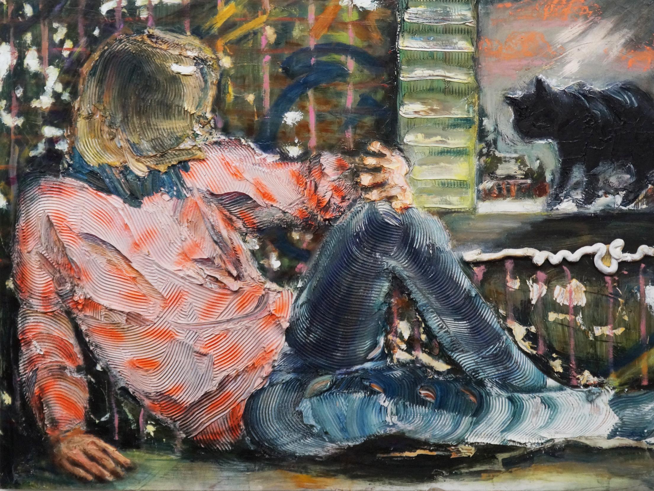 THE BLACK CAT - Textural figurative painting, woman reclining with black cat
