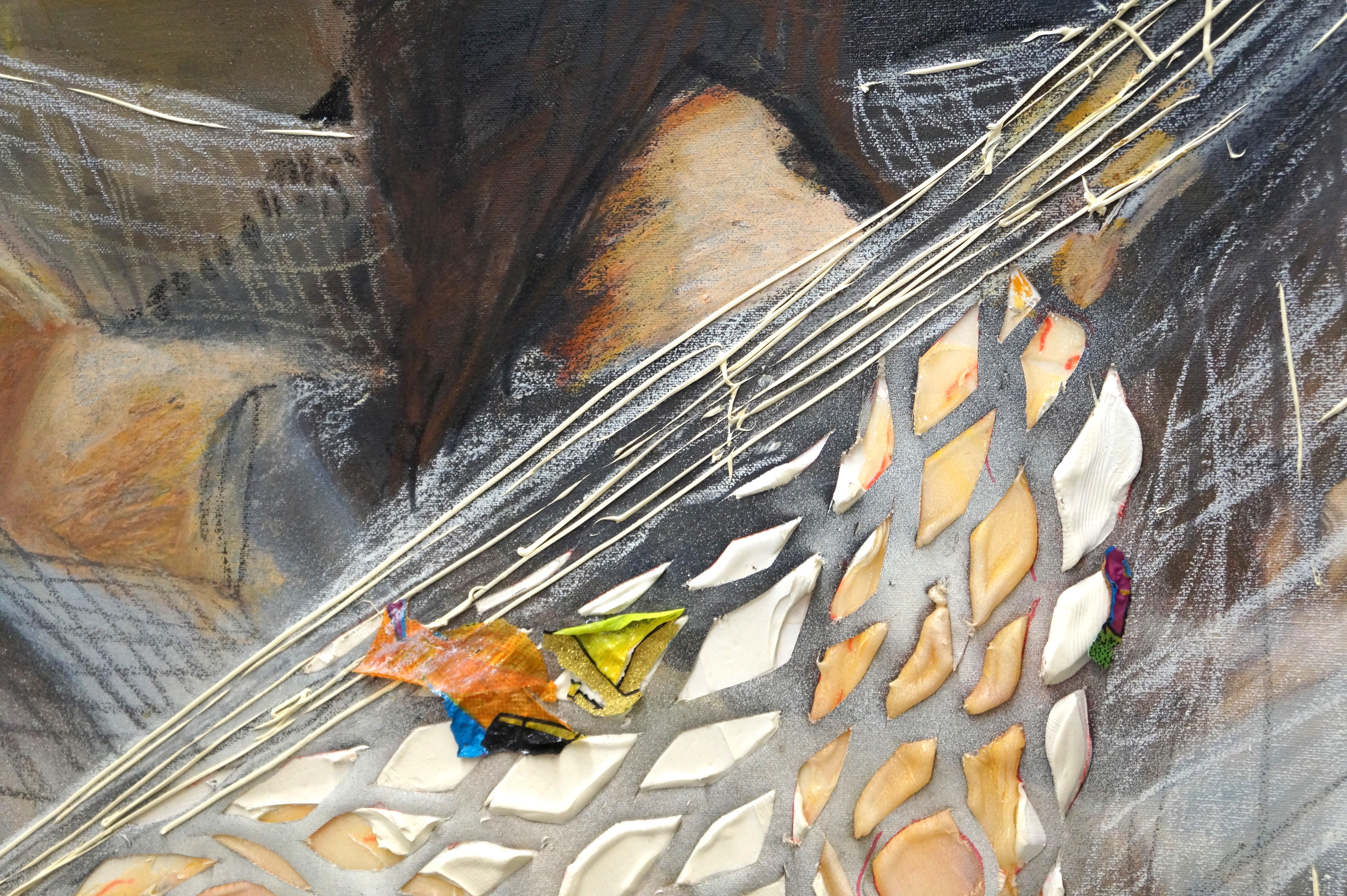 Eleanor Aldrich’s mixed media painting “The Net Hammock” is a textural rendering of a figure resting in a sprawling hammock.  Made of oil, enamel, silicone, caulking, and found transfers on canvas, “The Net Hammock” is one of ten paintings in