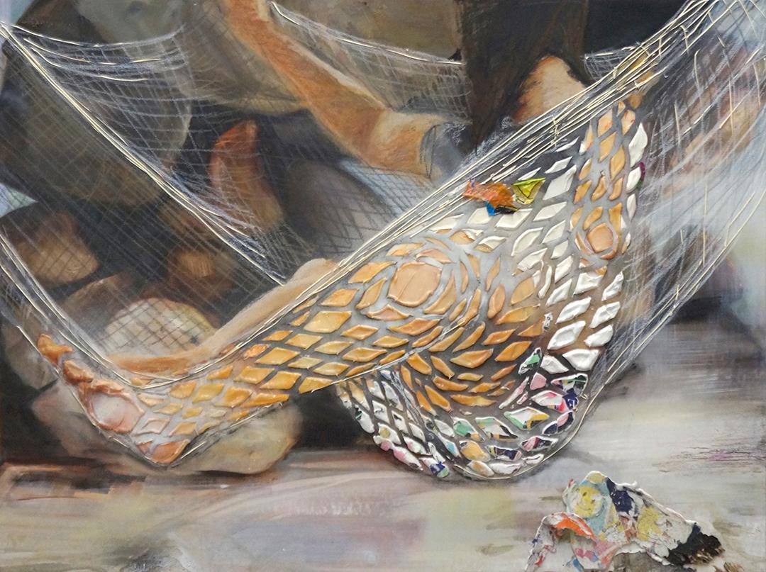 THE NET HAMMOCK - Textural figurative painting, grid with leg, brown, white, tan - Mixed Media Art by Eleanor Aldrich