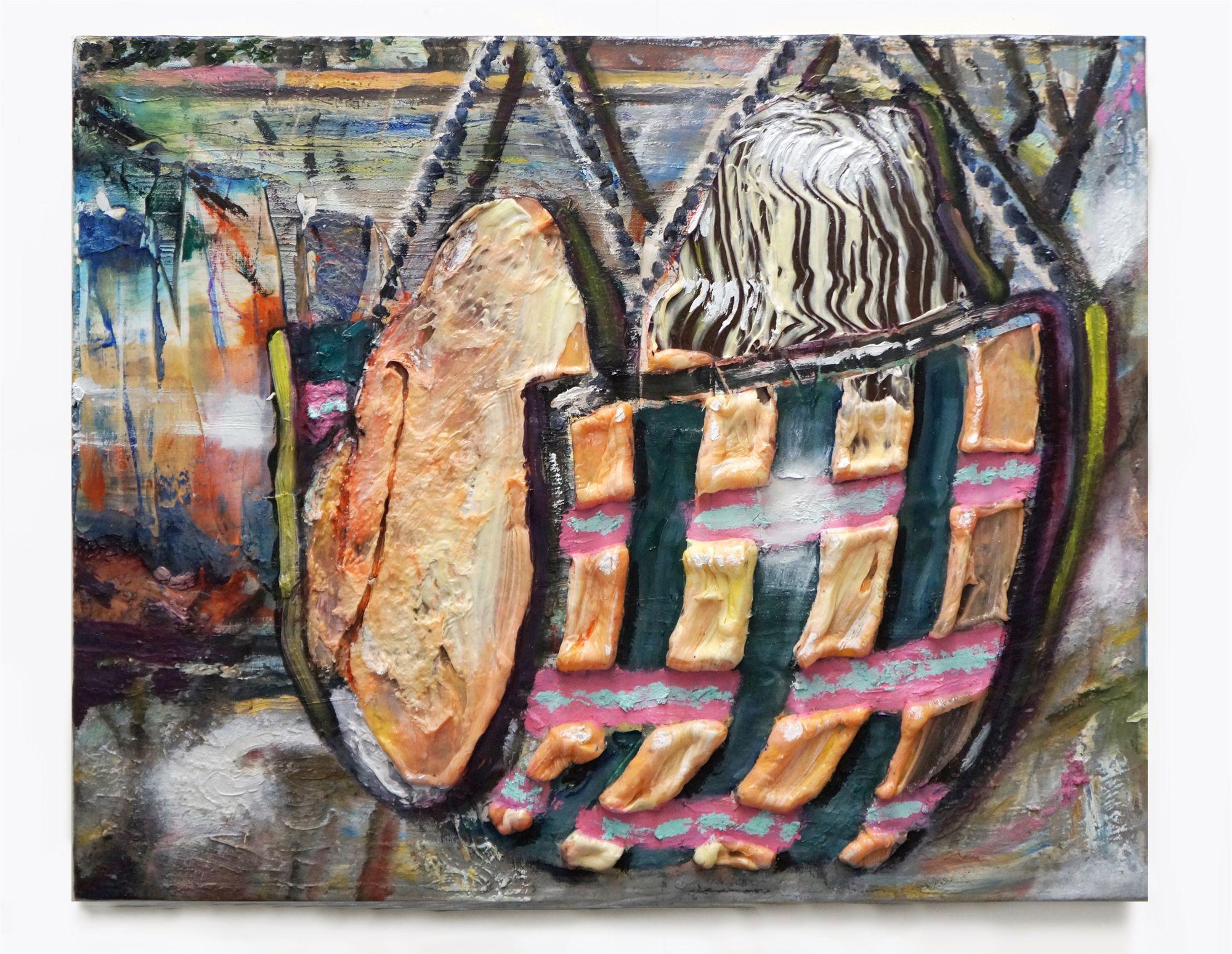 ZIG ZAG HAMMOCK - oil, enamel and silicone on canvas- pink, blue, tan texture - Mixed Media Art by Eleanor Aldrich