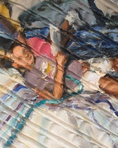 INCLINED READER - Texturiertes Ölgemälde mit Szene eines Mädchens, das ein Buch liest