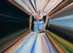 IRONING (WITH RAYS) - Grande peinture à l'huile texturée avec une scène domestique d'une femme