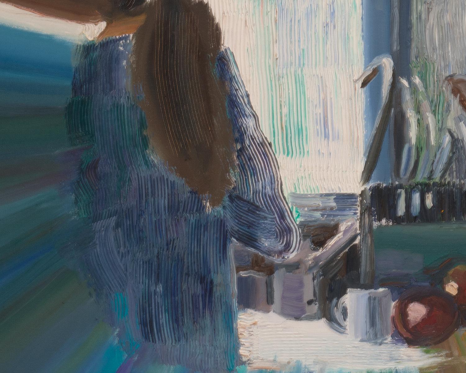 KITCHEN SINK (WITH RAYS) - Grande peinture à l'huile texturée avec bleu, or et rose audacieux - Contemporain Painting par Eleanor Aldrich