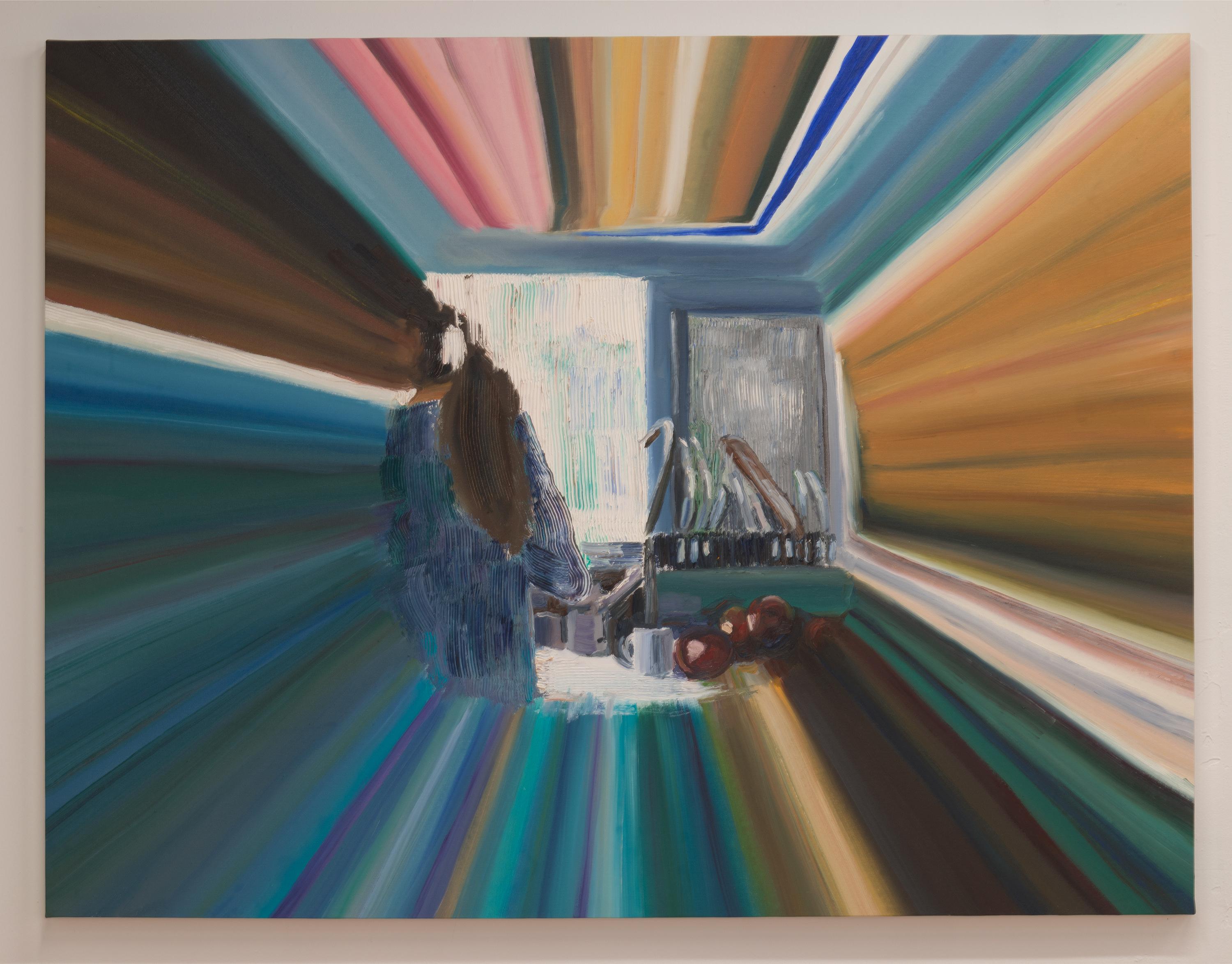 KITCHEN SINK (w/ RAYS) is a large scale oil on canvas painting created in 2022 by Eleanor Aldrich. This piece is created using more abstract qualities than her previous work. Utilizing a filter from Apple's Photo Booth, she has created a composition