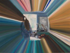 KITCHEN SINK (WITH RAYS) - Grande peinture à l'huile texturée avec bleu, or et rose audacieux