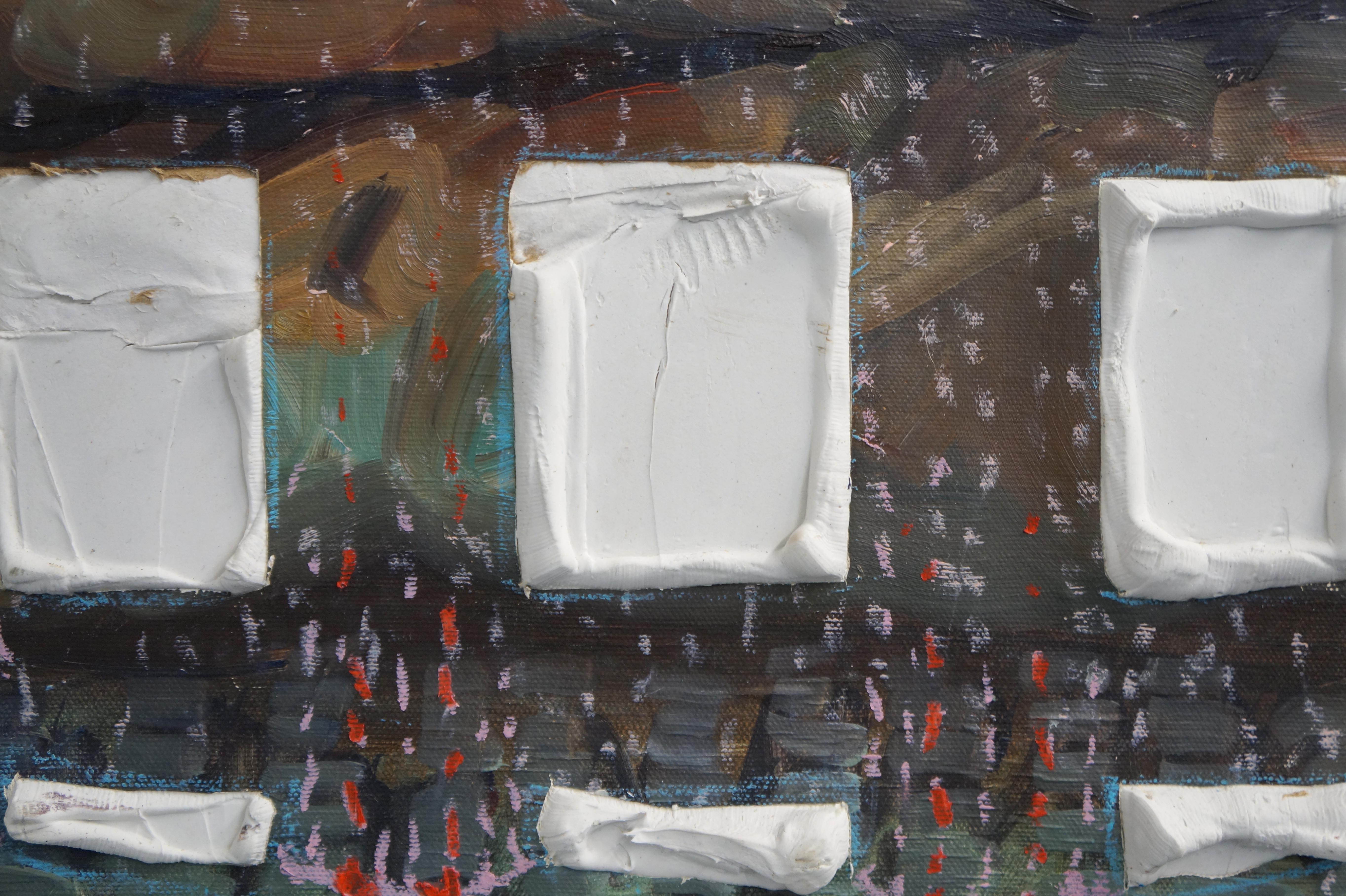 SILLA DE PAISAJE CON CAMISETA BLANCA - Figurativo abstracto, con textura, marrón, rojo, verde - Painting de Eleanor Aldrich