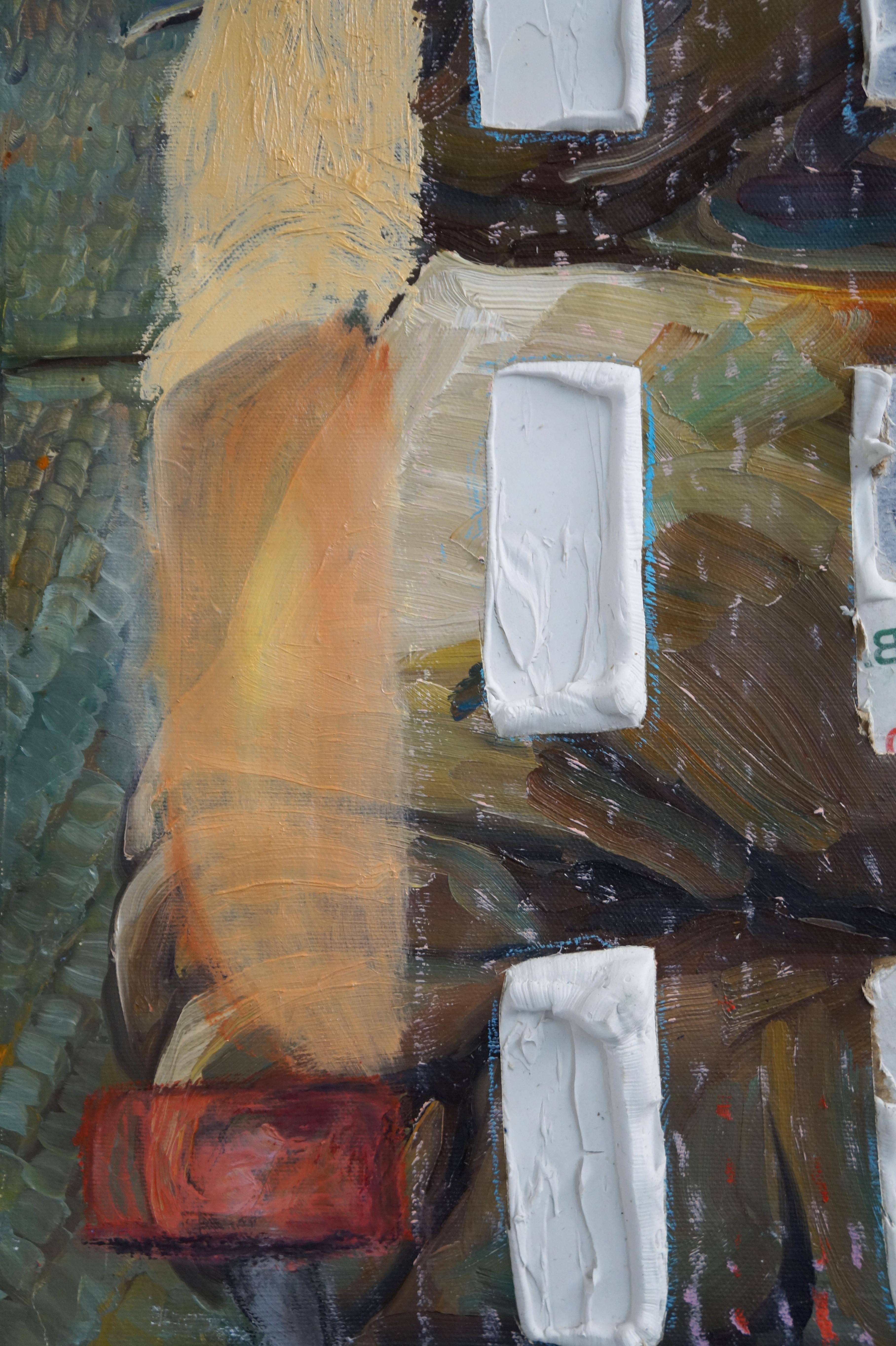LAWN CHAIR WITH WEISSES T-SHIRT - Abstrakt figurativ, strukturiert, braun, rot, grün (Schwarz), Figurative Painting, von Eleanor Aldrich