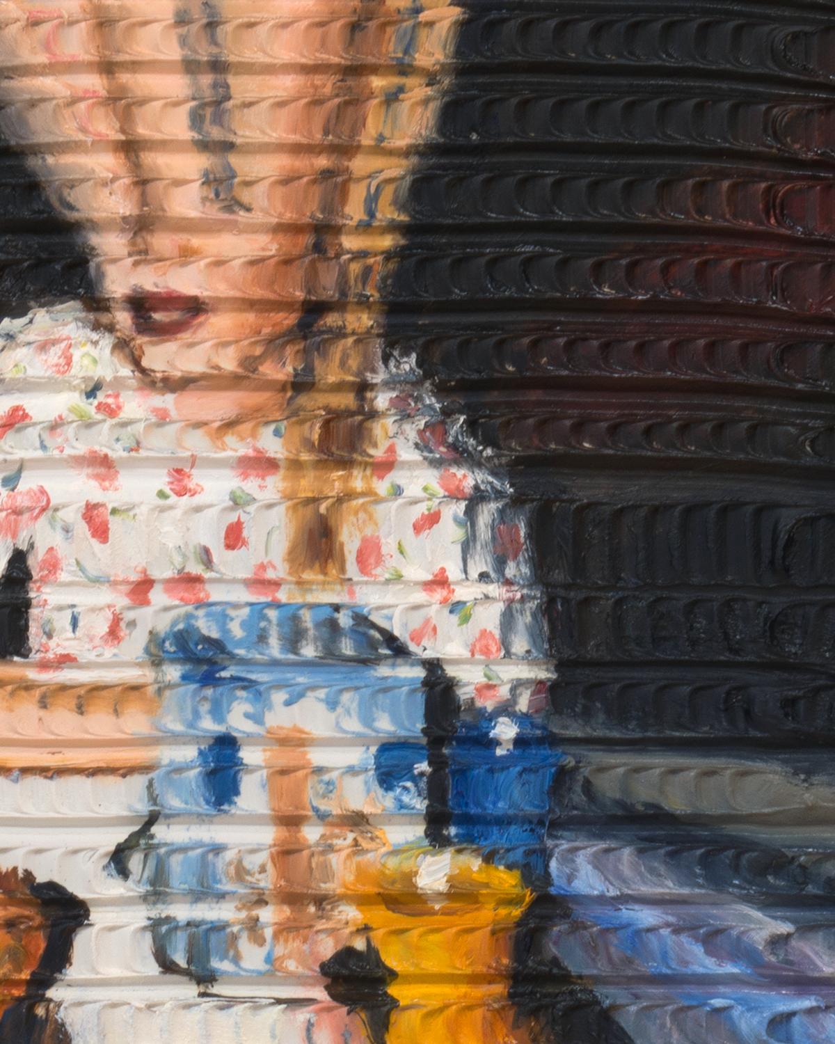 NIGHT TABLE - Texturiertes Ölgemälde mit Szene eines Mädchens und einer Geburtstagstorte (Zeitgenössisch), Painting, von Eleanor Aldrich