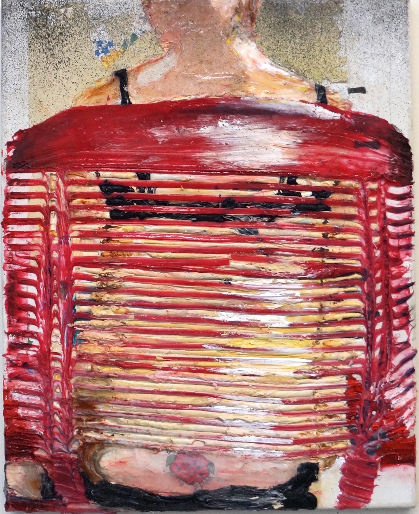 READER IN A LAWN CHAIR - Abstract Figure Painting, textured, red stripes 