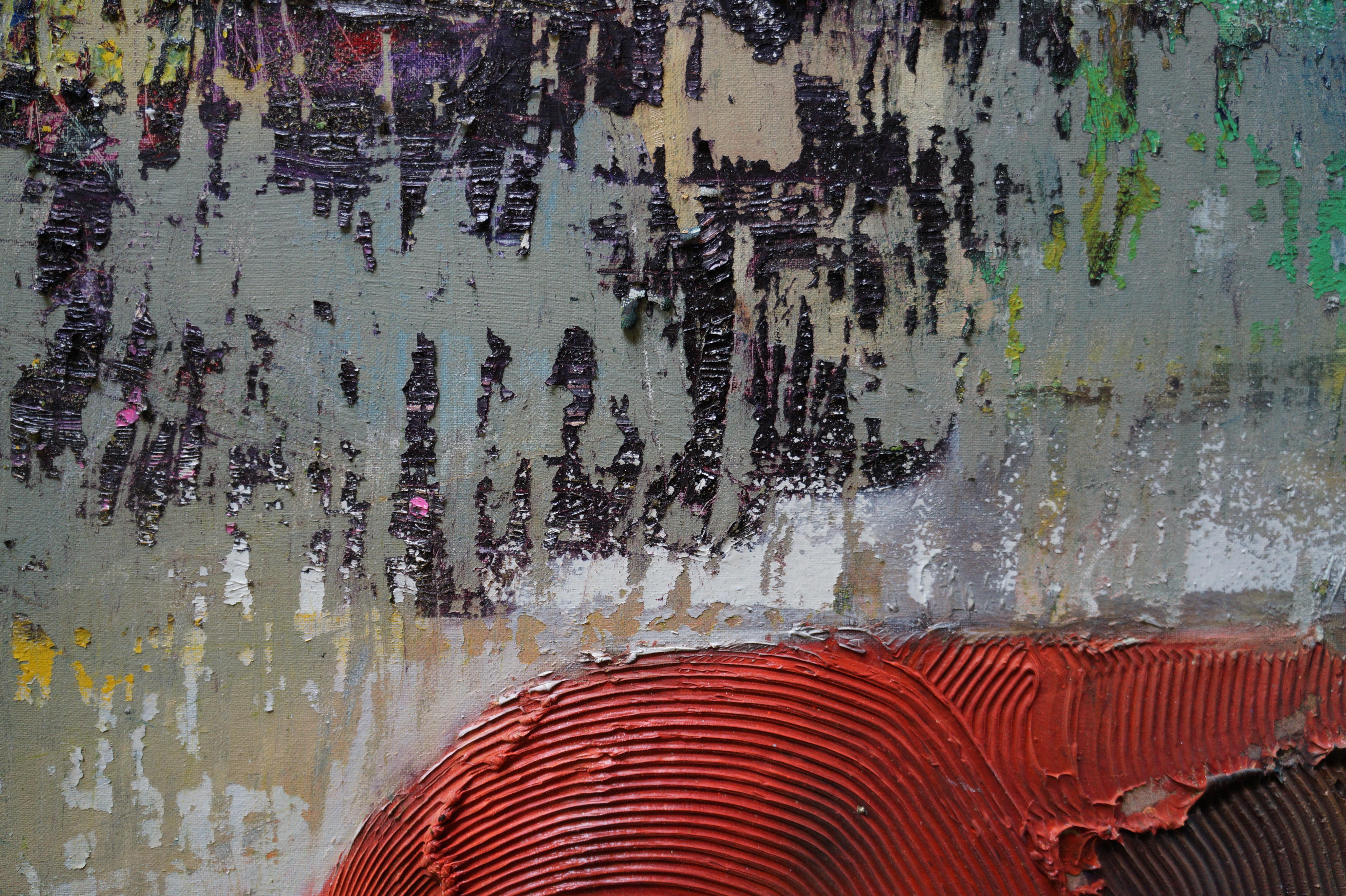 PONCHO ROSSO - astratto, figurativo, texture, olio e smalto rosso, nero, giallo 3
