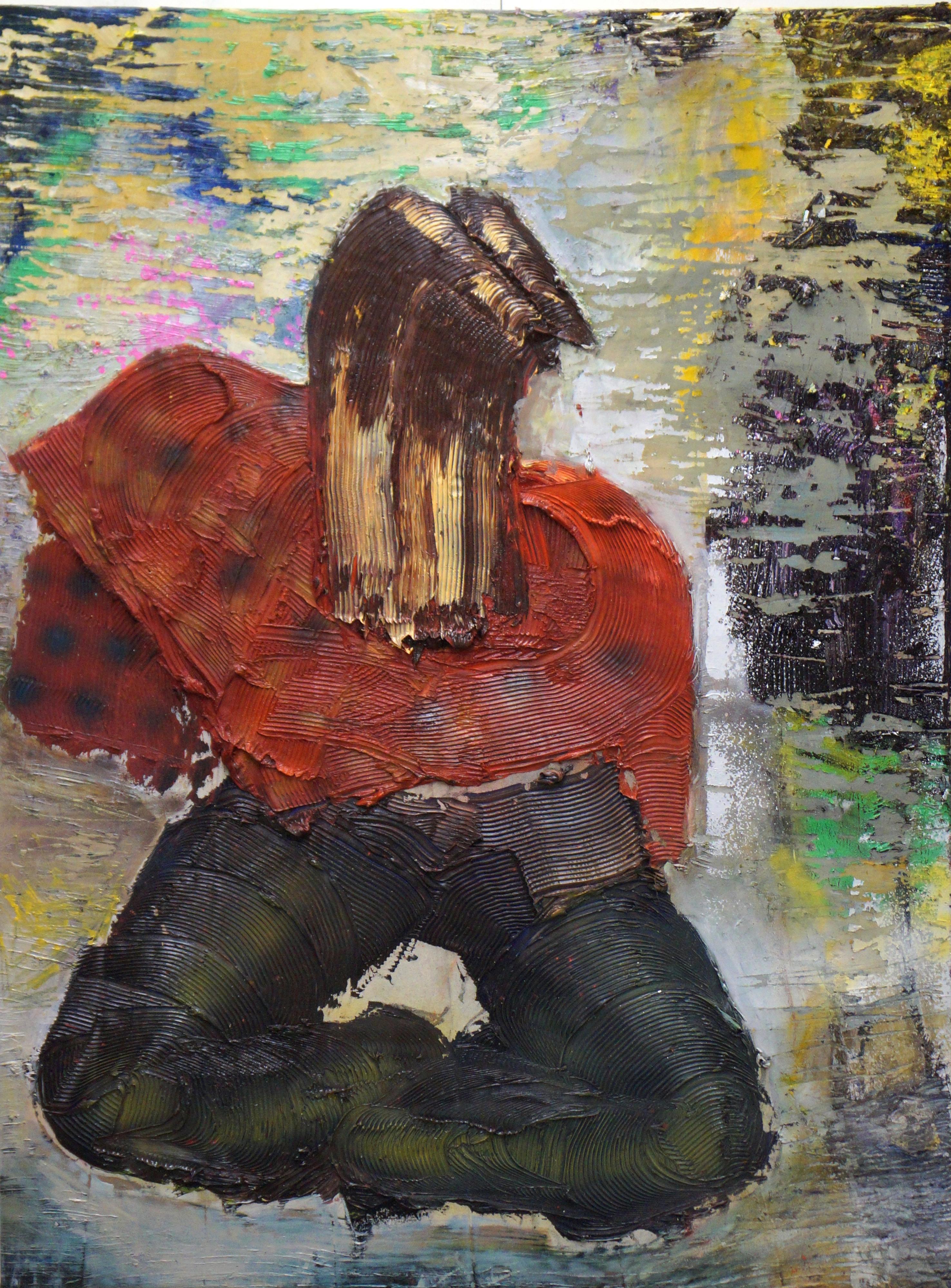 RED PONCHO - abstract, figurative, texture, red, black, yellow oil and enamel 