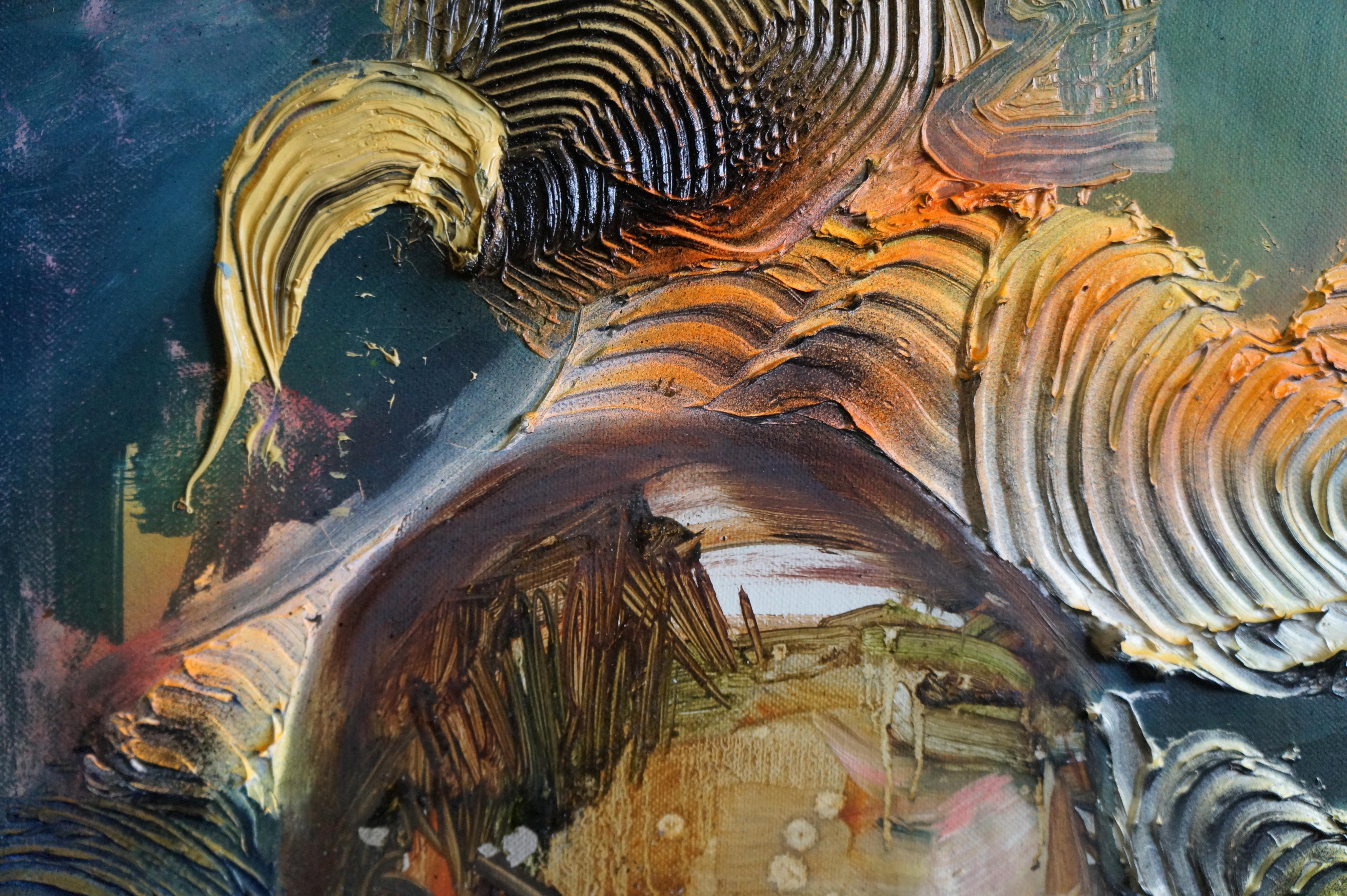 LA ABDUCCIÓN - Pintura figurativa contemporánea de técnica mixta, pintura en aerosol, oscura - Painting Abstracto de Eleanor Aldrich