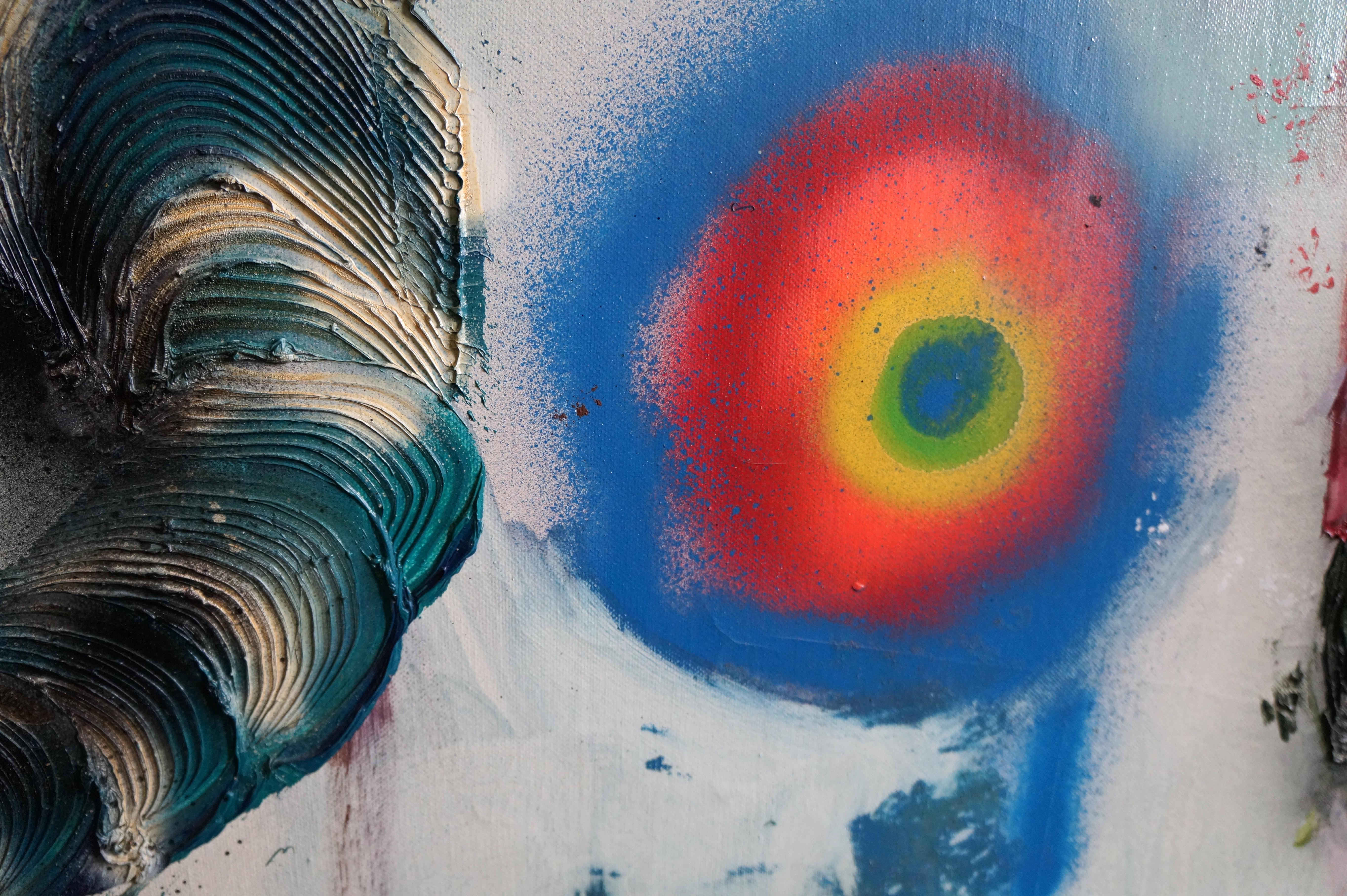LA ABDUCCIÓN - Pintura figurativa contemporánea de técnica mixta, pintura en aerosol, oscura - Abstract Painting Marrón de Eleanor Aldrich
