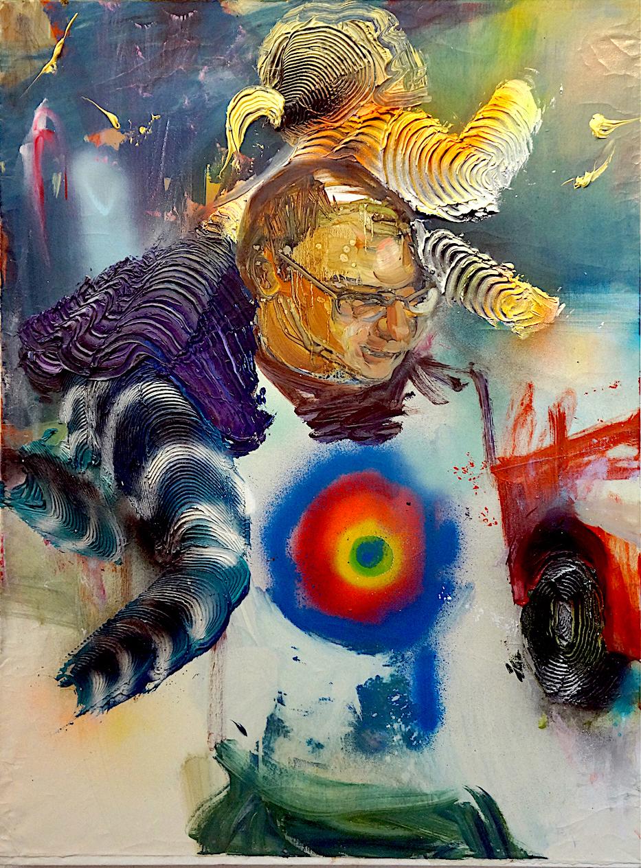 THE ABDUCTION - Peinture figurative contemporaine en techniques mixtes, peinture à la bombe, foncée