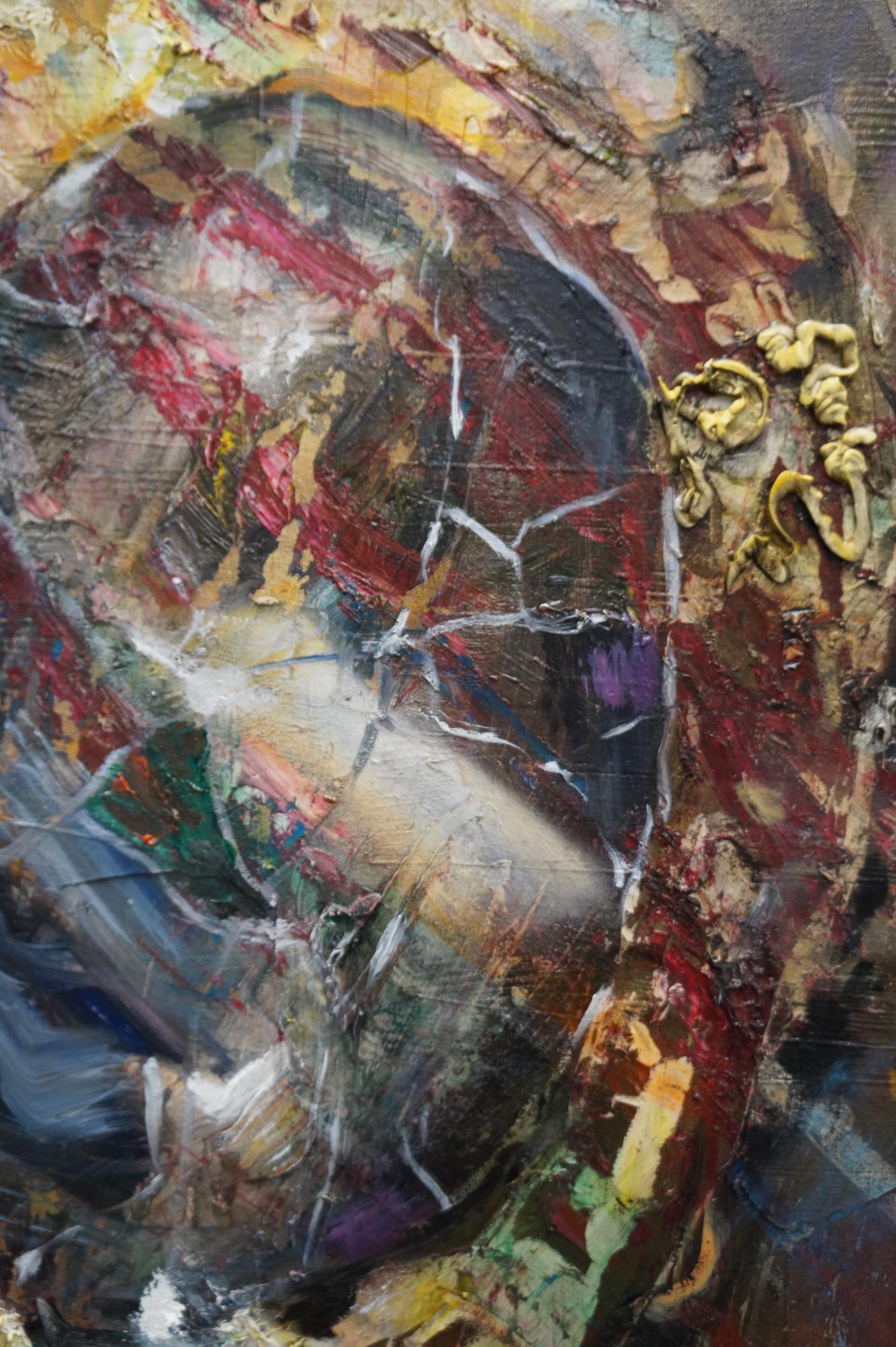 THE CRACKED MIRROR - huile et émail et toile sur toile texturée, figurative - Contemporain Mixed Media Art par Eleanor Aldrich
