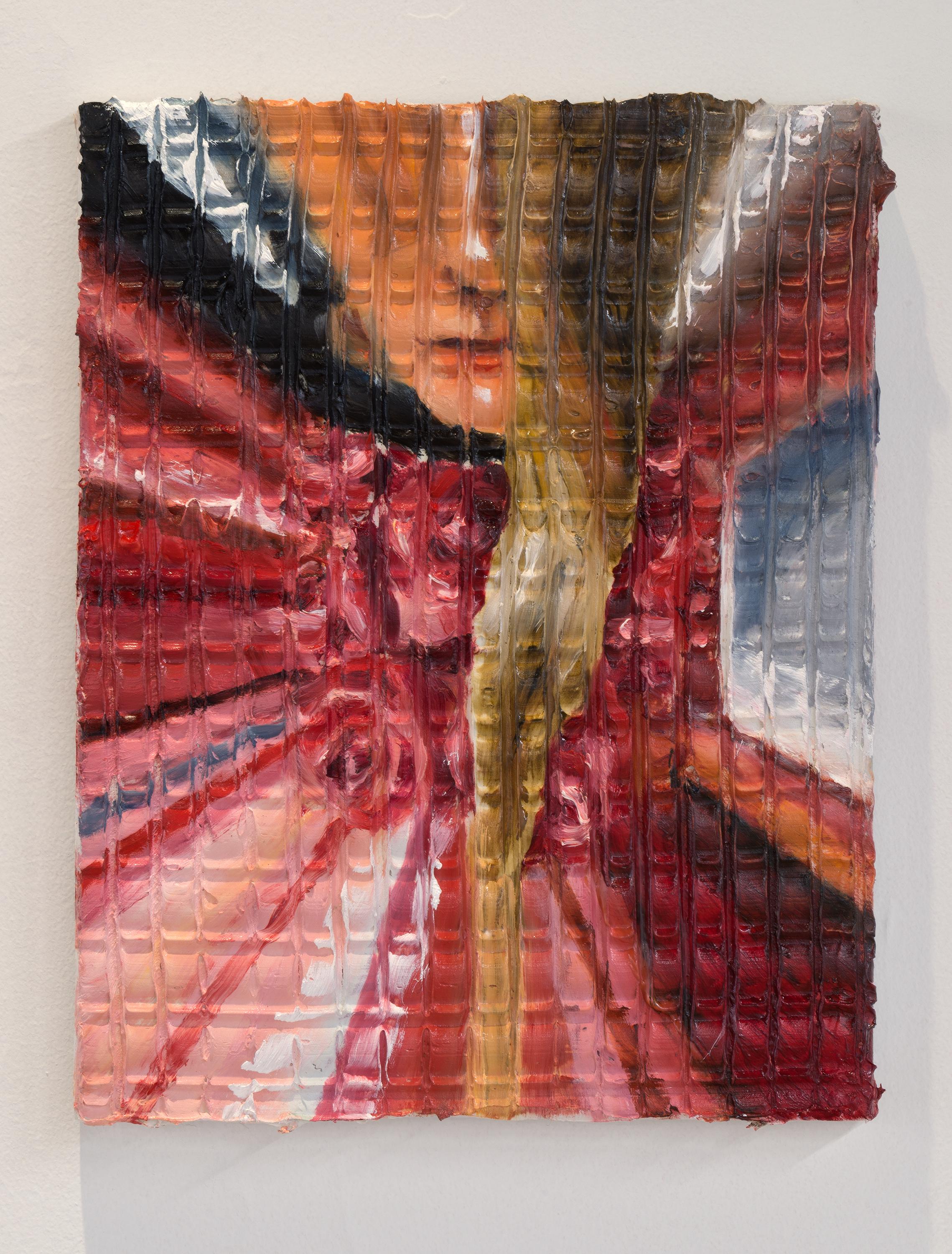 THE ROSE DRAPE is an oil on canvas painting by Eleanor Aldrich created in 2022. This piece utilizes a thick caulk on top of the canvas as an underlayment, creating a grid texture. The main focus of the piece is an image of a woman, with long blond