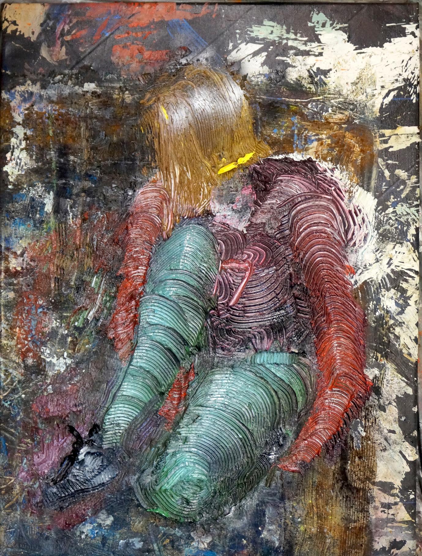Eleanor Aldrich Figurative Painting – THE SOFTBALL-Spieler - Zeitgenössisch figurativ/abstraktisch, blau, lila, rosa