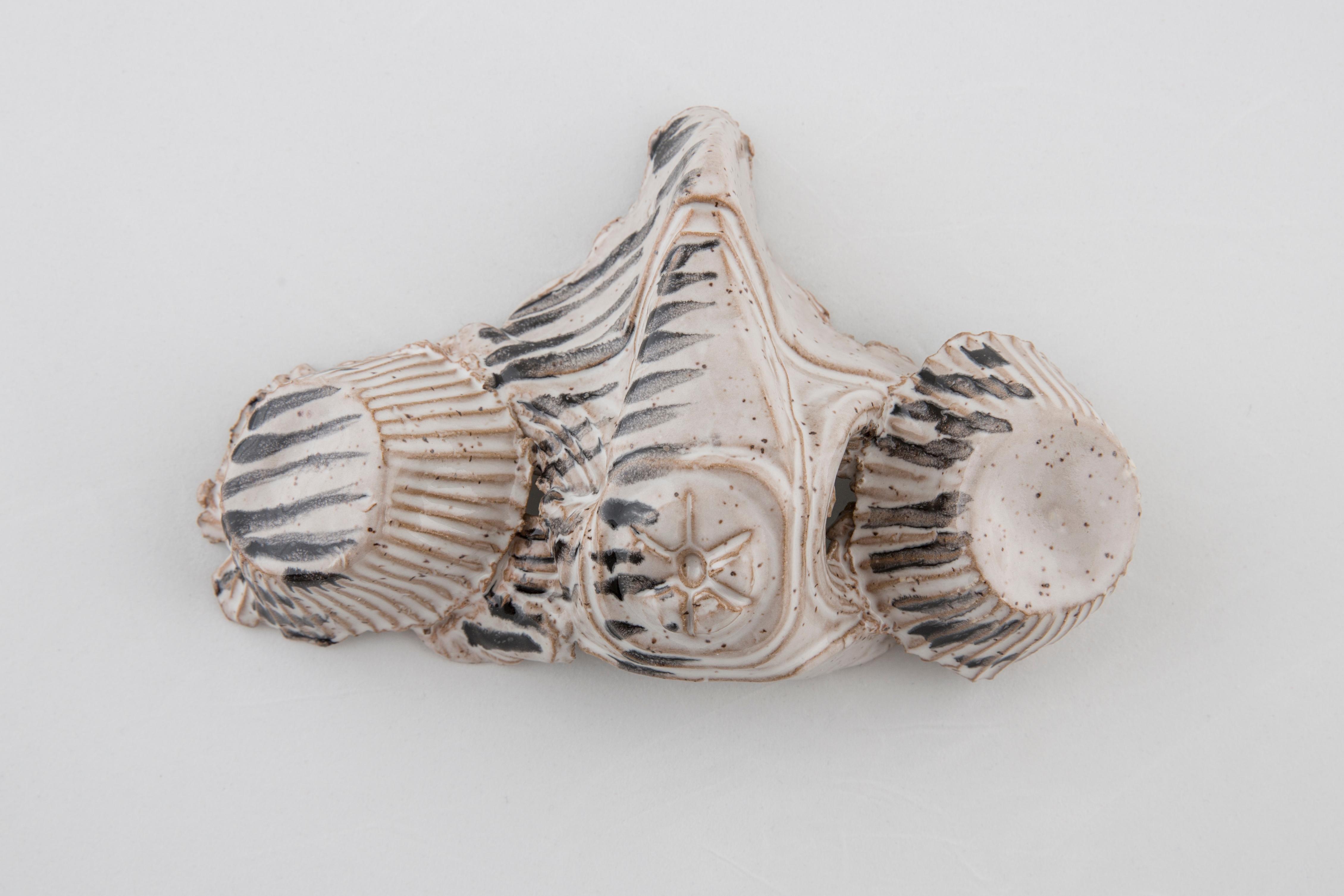 CERAMIC MASK (White with Stripes) -  5.5 x 6.5 - Ceramic, White and Black Glaze - Sculpture by Eleanor Aldrich