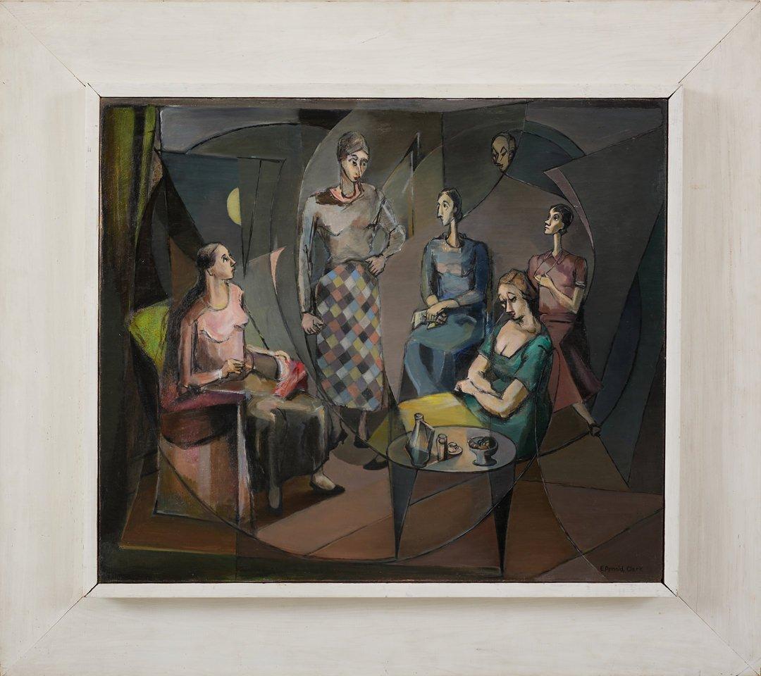 L'incontro, grande dipinto di metà secolo con donne sedute, artista donna - Painting di Eleanor Arnold Clark