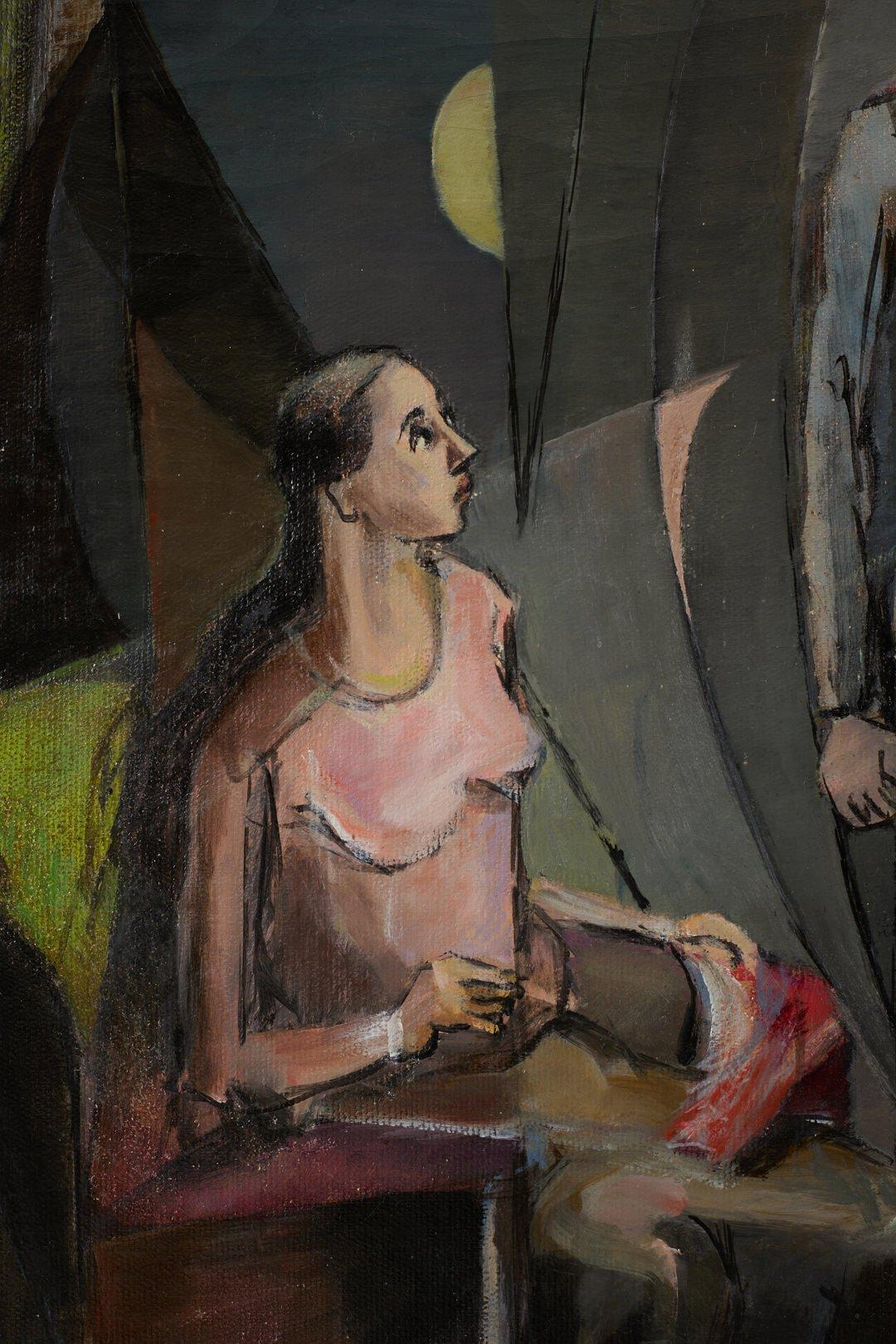 L'incontro, grande dipinto di metà secolo con donne sedute, artista donna - Figurative Painting Nero di Eleanor Arnold Clark