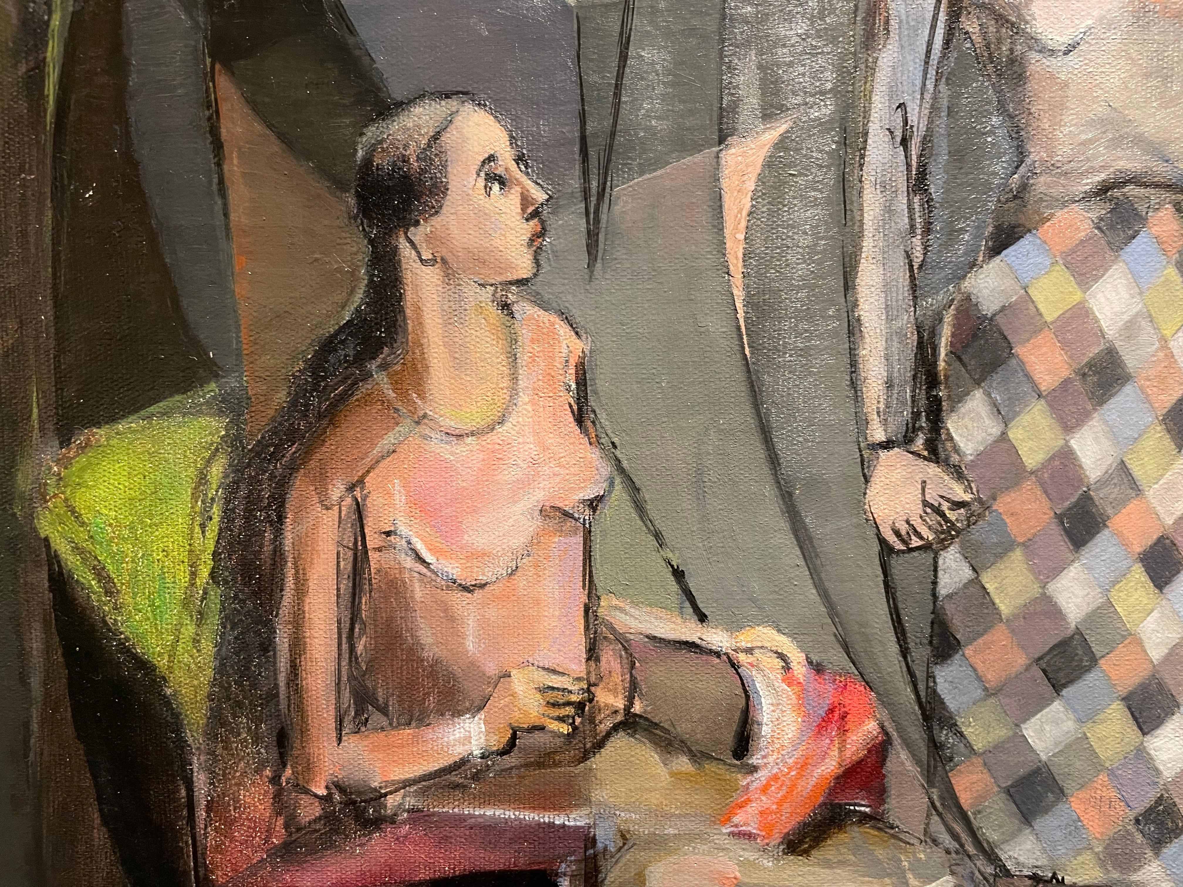 L'incontro, grande dipinto di metà secolo con donne sedute, artista donna in vendita 5