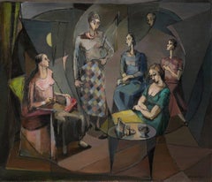 The Meeting, Large Mid-Century Painting of Seated Women, Woman Artist