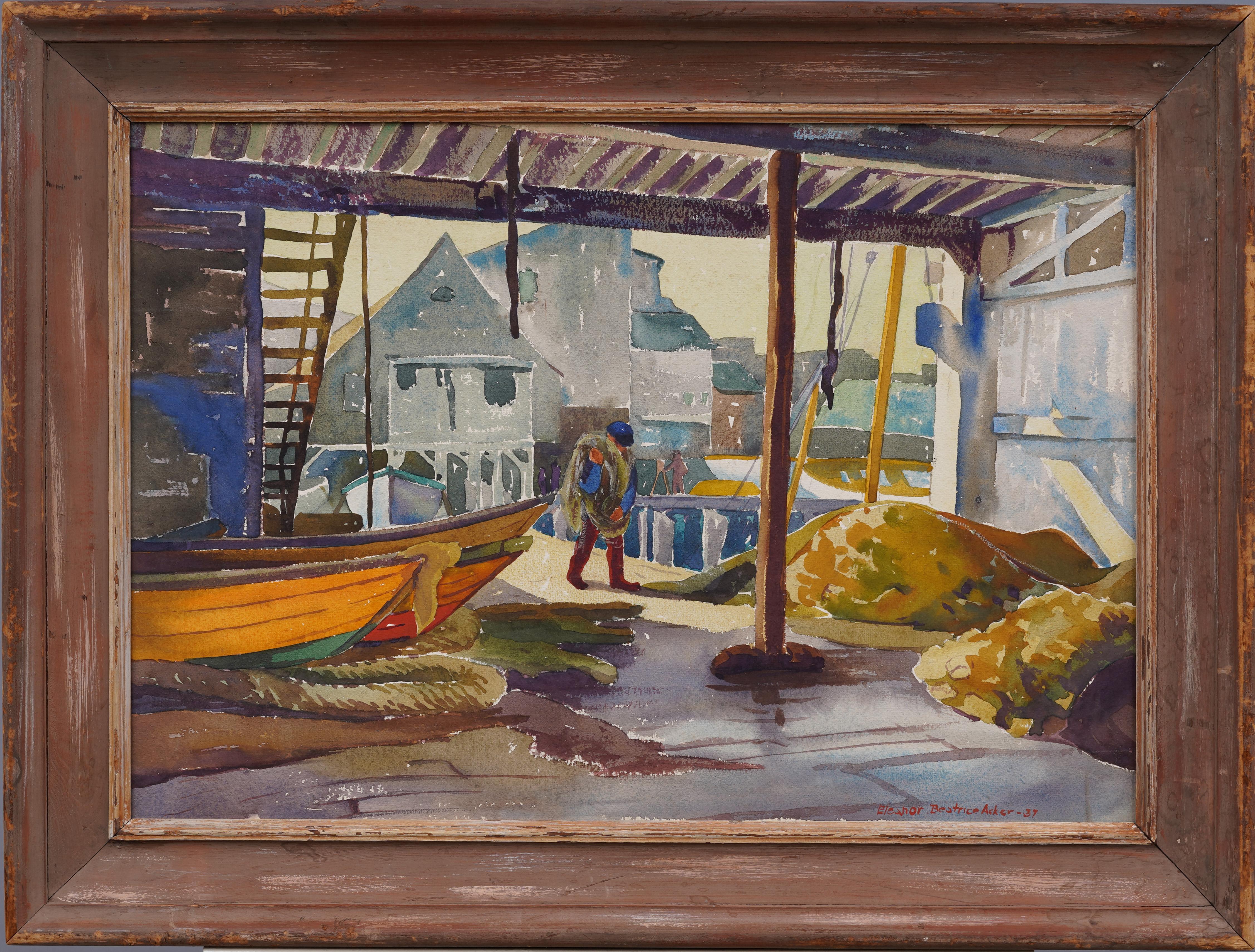 Finely painted American school modernist dock scene by Eleanor Beatrice Acker (Born 1907).  Watercolor and gouache on paper.  Nicely framed.  Signed and dated.  Artist biography; Eleanor Beatrice Acker was a block printer, designer, drawing