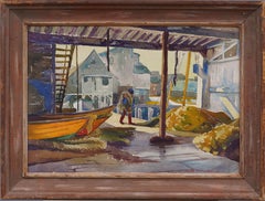 Ancienne peinture américaine moderniste WPA représentant une scène de bateaux du New Jersey, signée