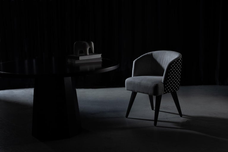 21st Century Contemporary Modern Eleanor Chair with Armrests Wood Black Lacquered Textured Fabric Jacquard Velvet Handcrafted in Portugal - Europe by Greenapple.

Named after Queen Eleanor of Avis, this piece contains all the virtues of its