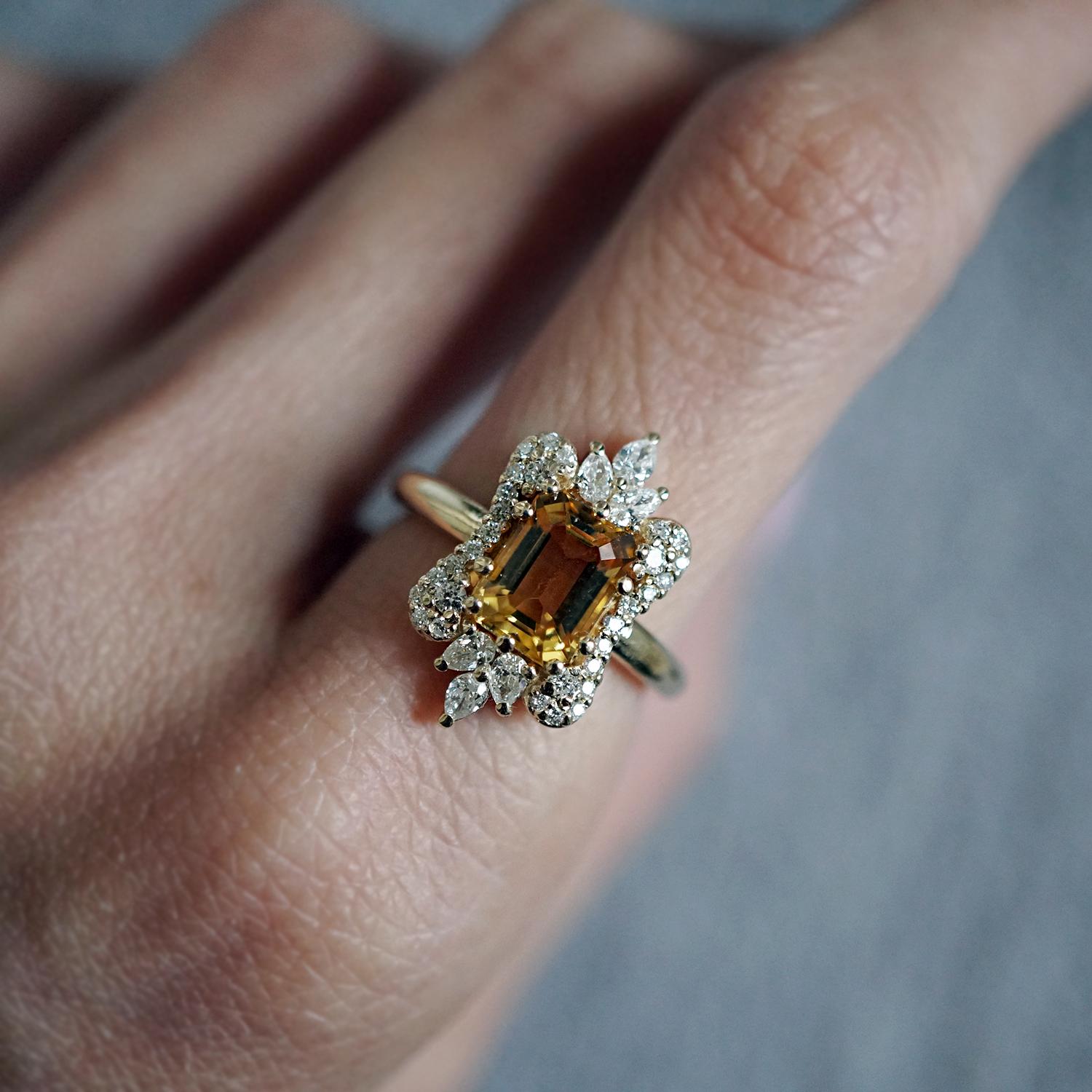 Contemporary 8x6MM Citrine Diamond Yellow Gold Engagement Ring For Sale