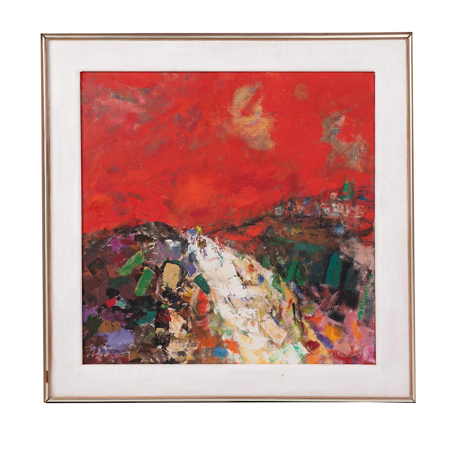 This wonderfully expressionistic oil painting by American artist Eleanor Coen (1916-2010) depicts a vibrant red sky in the country with the exciting motion of cyclists descending a bright path on a Hillside.

Coen was a student and teacher at the