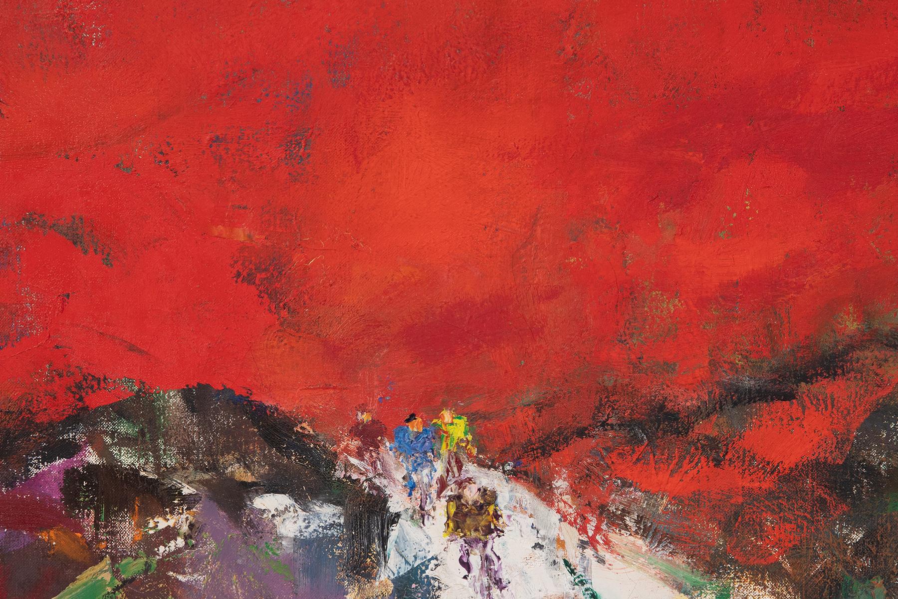 Mid-Century Modern Eleanor Coen Red Landscape with Cyclists Midcentury Painting