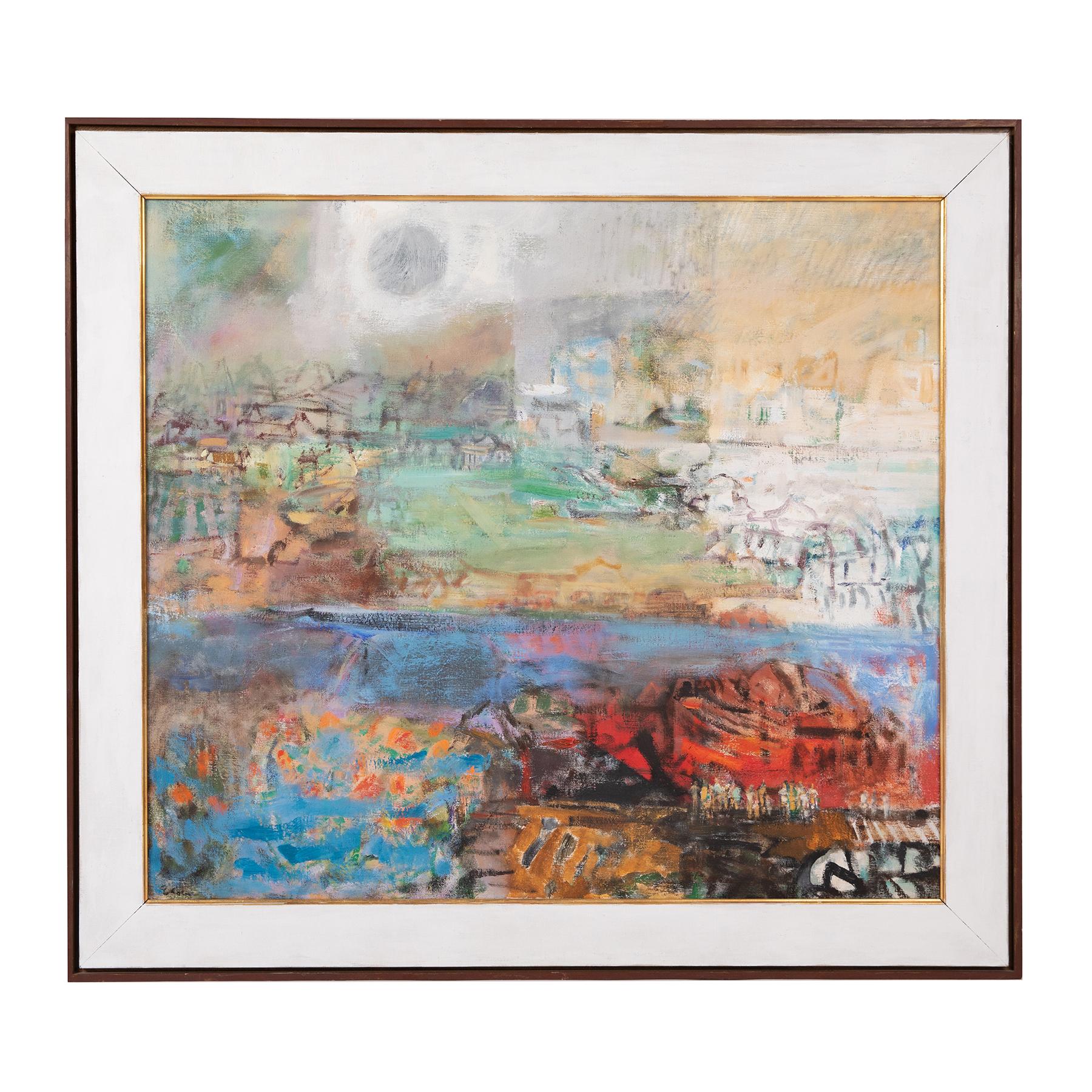 This multicolored expressionist style painting by American artist Eleanor Coen depicts the layered feeling of a city with its patchwork of buildings and landscape intersected by a bright periwinkle river. Her work often found inspiration in urban