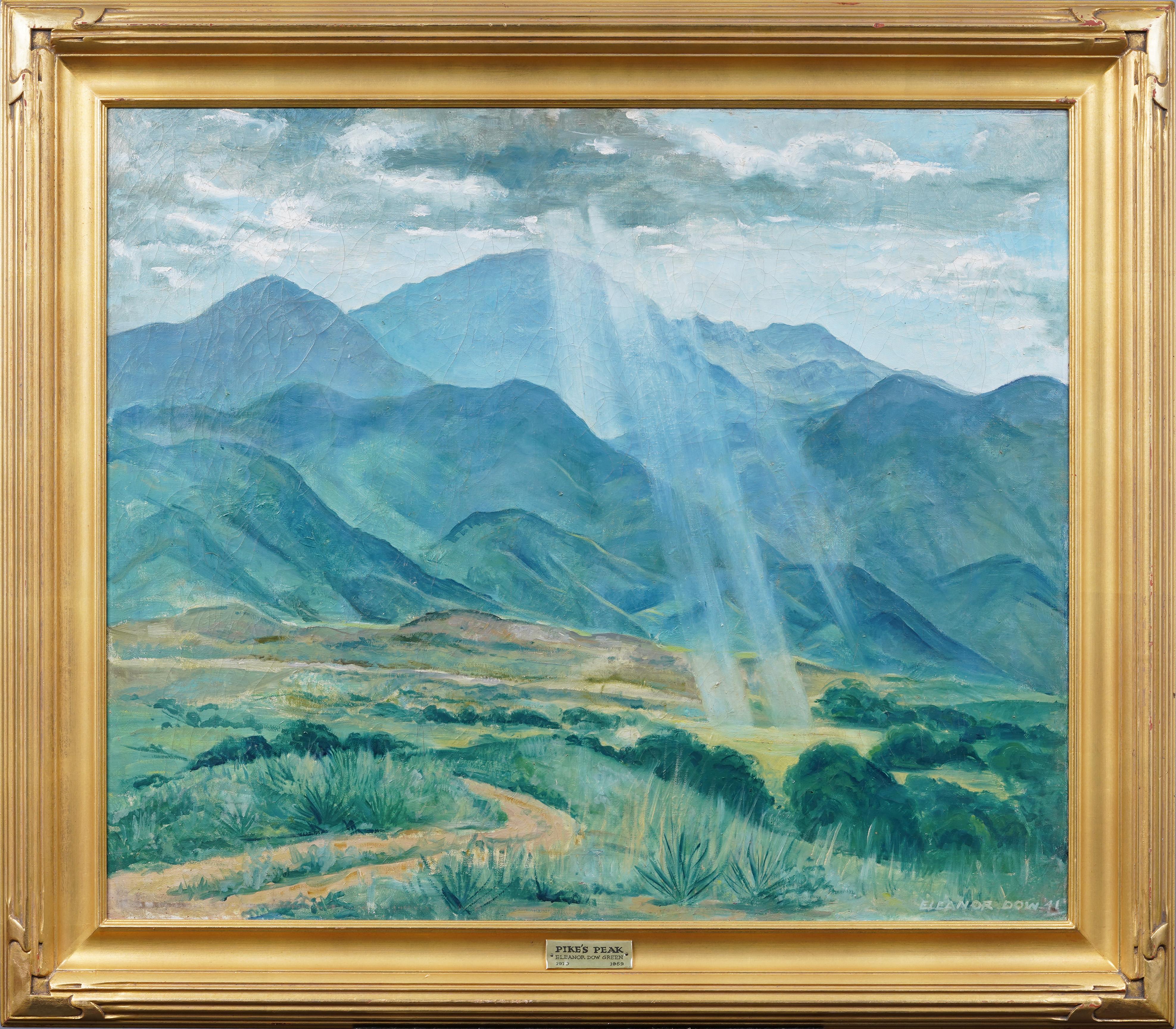 Antiguo cuadro de paisaje impresionista americano Pike's Peak Colorado Sunburst - Painting de Eleanor Dow Green