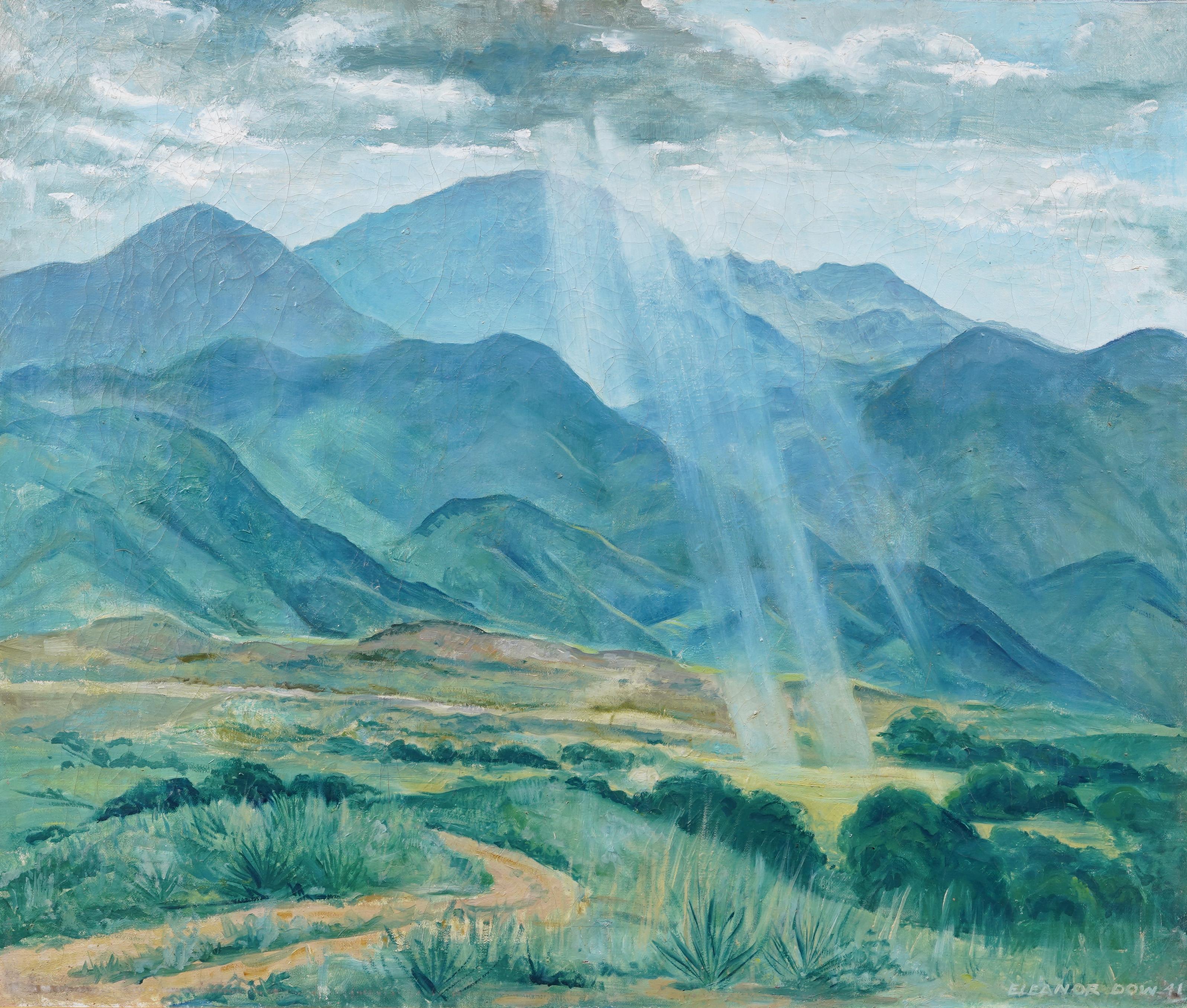 Antiguo cuadro de paisaje impresionista americano Pike's Peak Colorado Sunburst - Painting Impresionista de Eleanor Dow Green