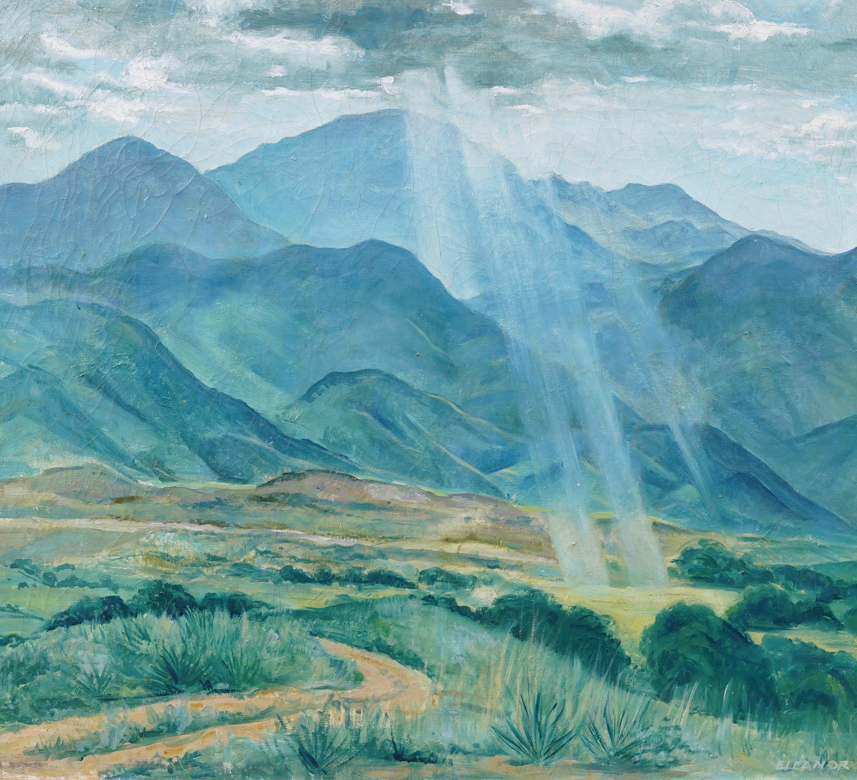 Antiguo cuadro de paisaje impresionista americano Pike's Peak Colorado Sunburst - Landscape Painting Gris de Eleanor Dow Green