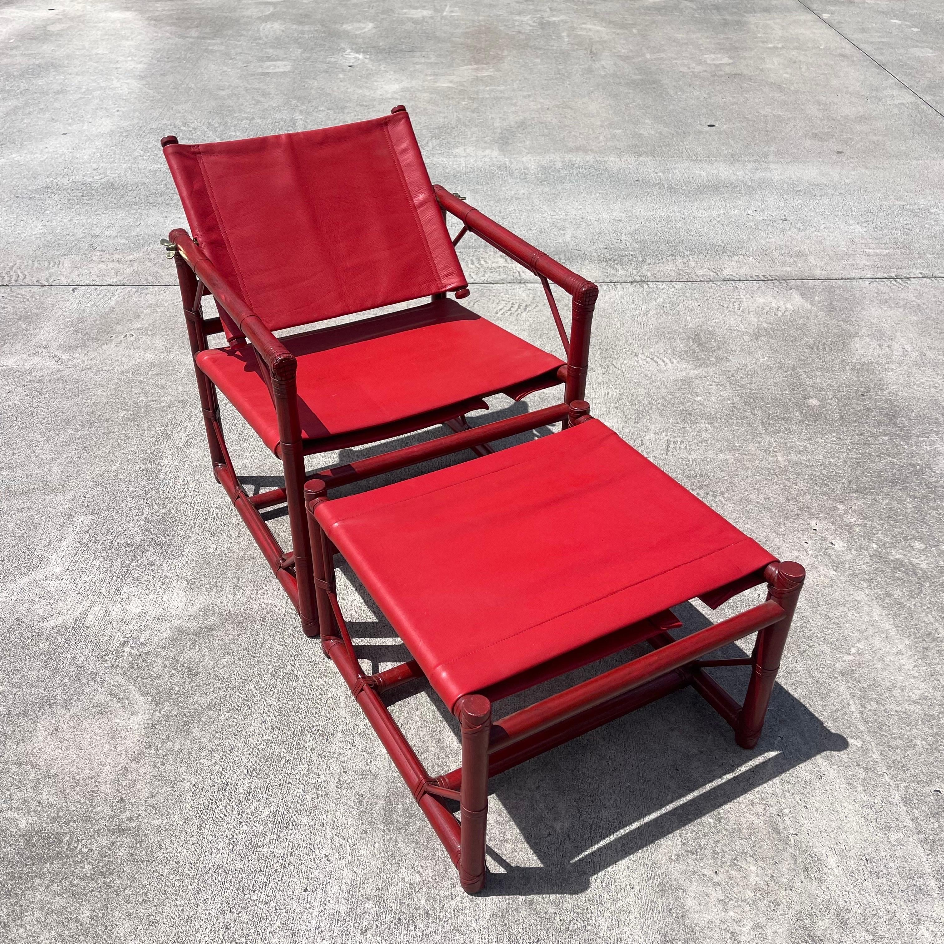 Eleanor Forbes für McGuire Roter Rattan Offiziersstuhl Campaigner Lounge Ottoman im Zustand „Gut“ im Angebot in Jensen Beach, FL